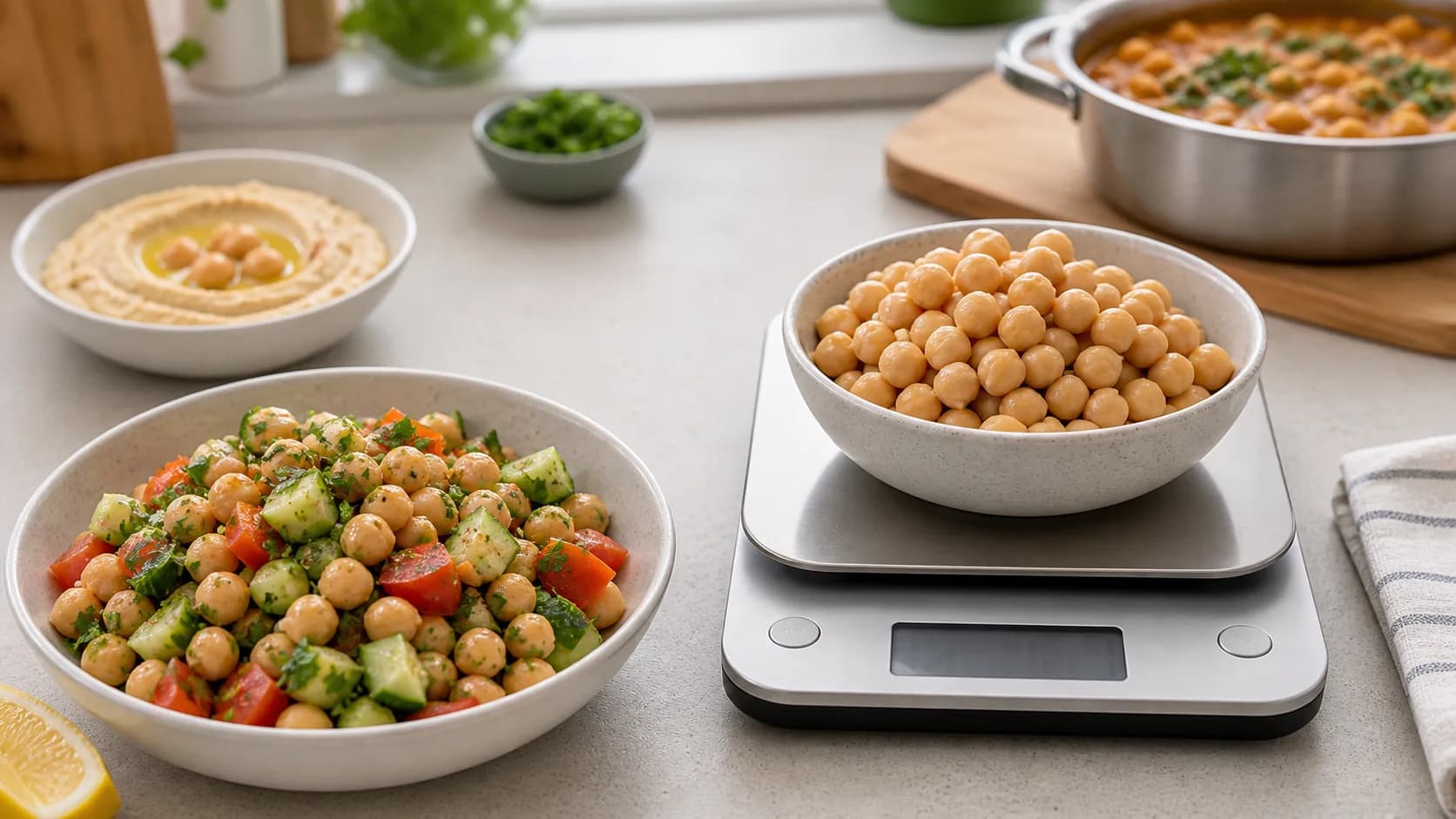 Cooked chickpeas on a kitchen scale with chickpea salad, hummus, lemon, herbs, and chana-style curry in the background