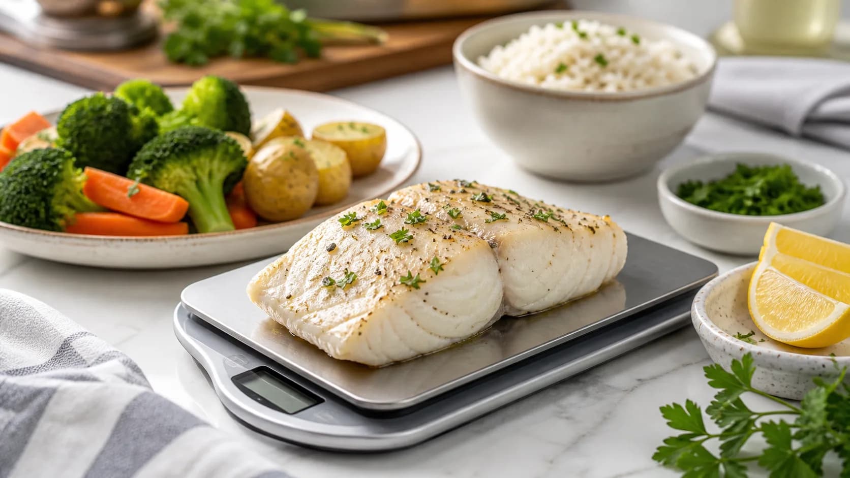 Cooked white cod fillet on a kitchen scale with lemon, parsley, steamed vegetables, potatoes, and rice in the background