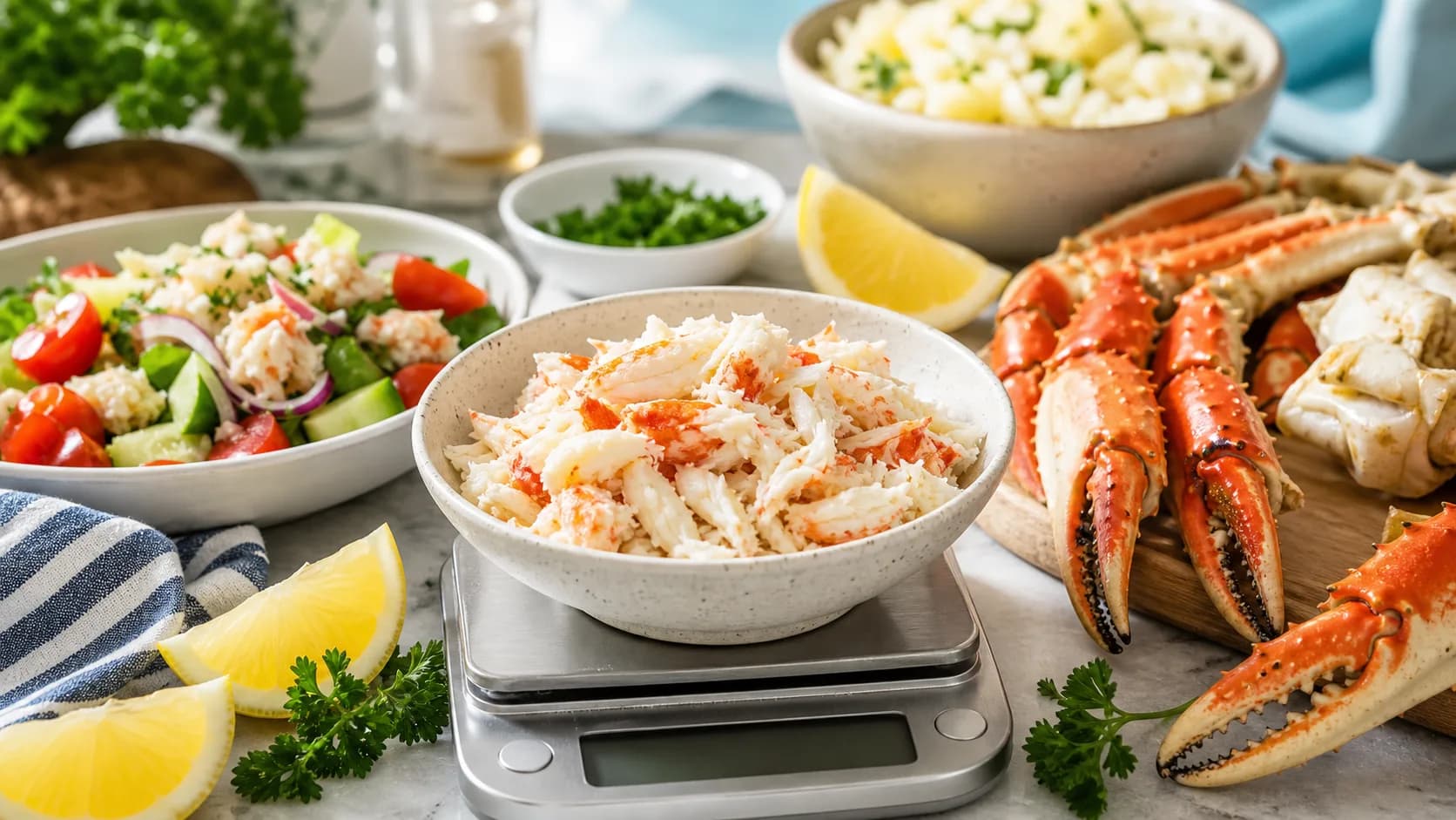 Cooked crab meat in a bowl on a kitchen scale with crab legs, lemon, parsley, salad, and rice in the background