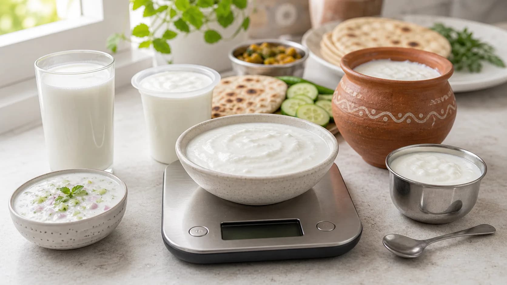 Plain Indian dahi or curd in a bowl on a kitchen scale with clay pot curd, steel bowl, raita, milk, roti, and cucumber
