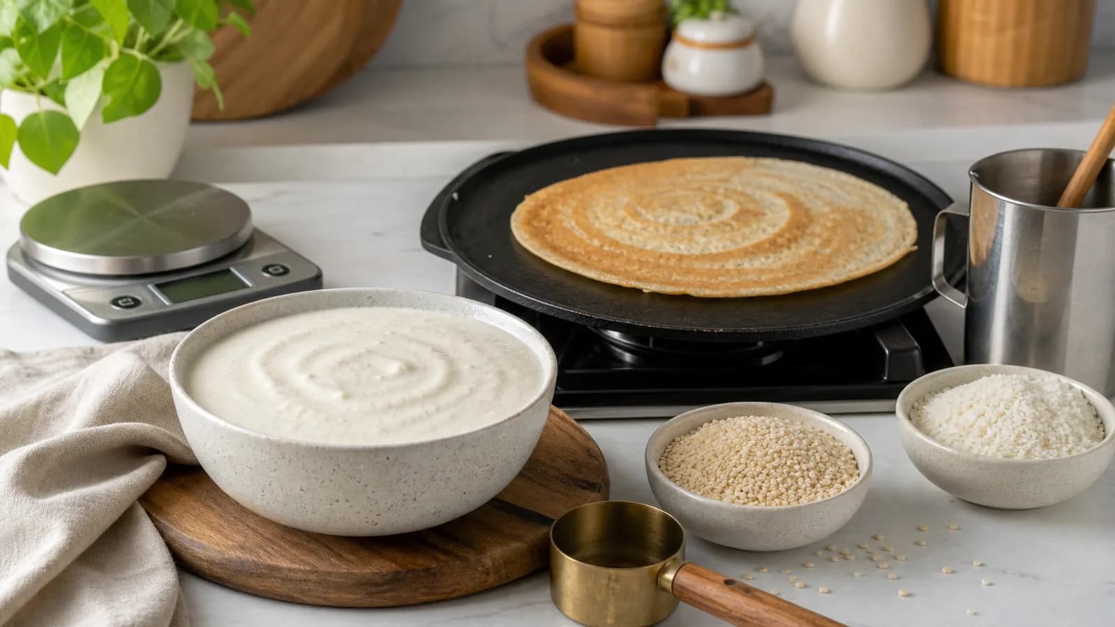 Bowl of fermented dosa batter beside a cooked dosa, rice, urad dal, measuring cup, and kitchen scale