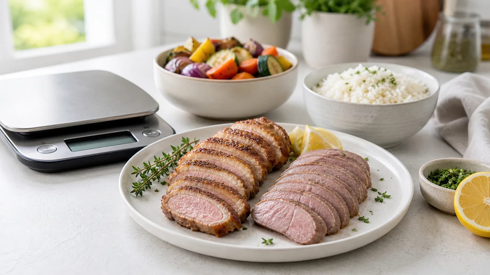 Cooked sliced duck breast on a plate with skin-on and lean pieces, kitchen scale, rice, roasted vegetables, lemon, and herbs