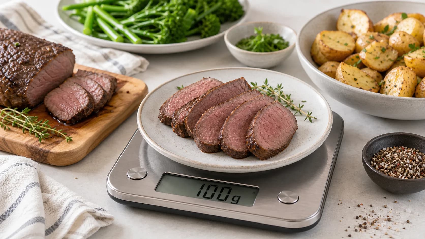 Sliced cooked elk meat on a kitchen scale with roasted potatoes, green vegetables, herbs, and pepper