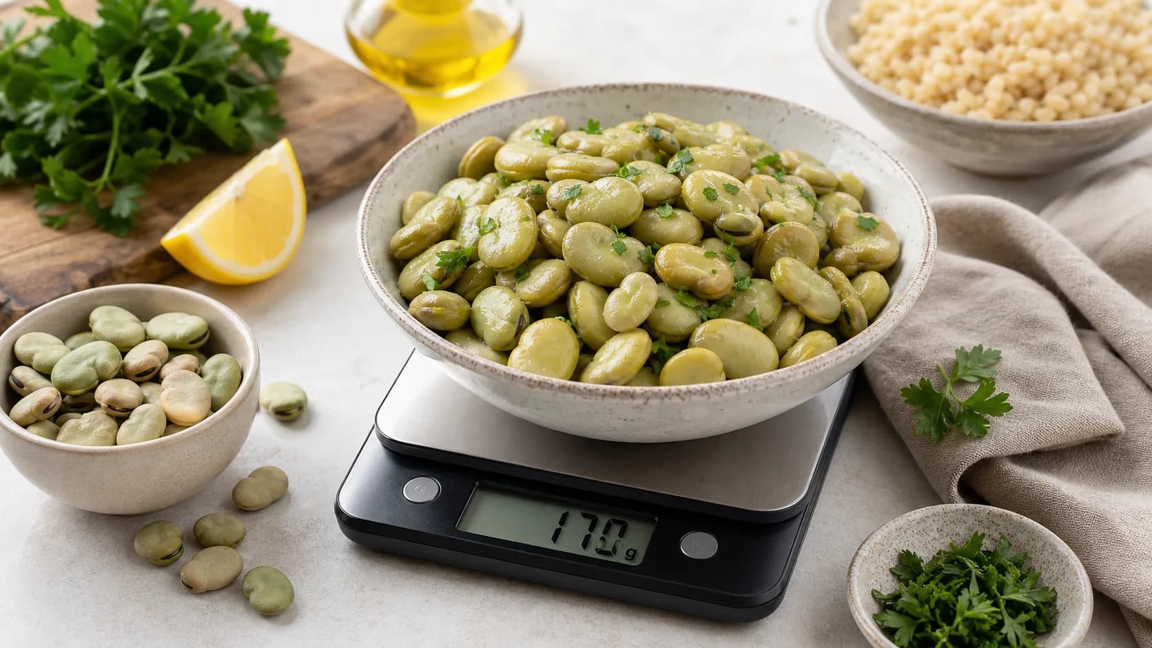 Cooked broad beans or fava beans in a bowl on a kitchen scale with dry beans, lemon, parsley, and grains