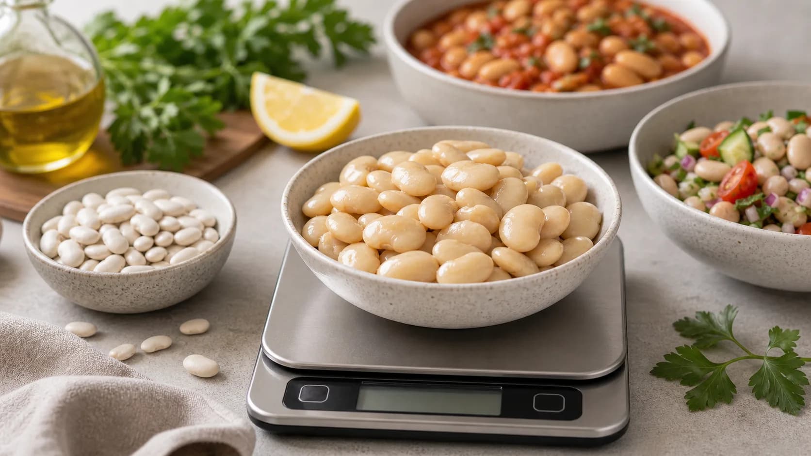 Cooked butter beans or lima beans in a bowl on a kitchen scale with dry beans, bean stew, salad, lemon, and parsley