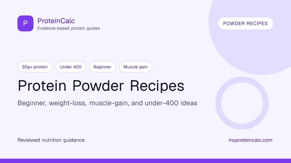 Protein powder recipes feature image for beginner recipes, weight-loss recipes, muscle-gain recipes, and under-400-calorie protein powder ideas