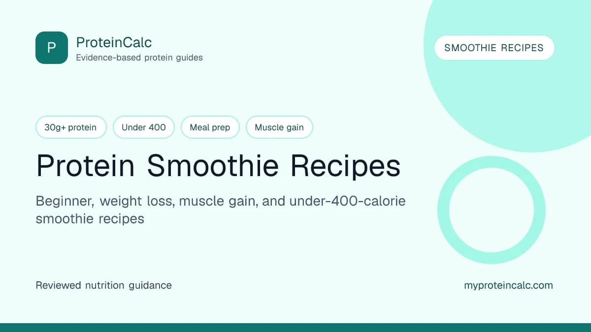 Protein smoothie recipe spread with berry Greek yogurt smoothie, chocolate peanut butter smoothie, vanilla spinach smoothie, mango lassi smoothie, coffee protein smoothie, vegan tofu berry smoothie, banana oat smoothie, and smoothie ingredients