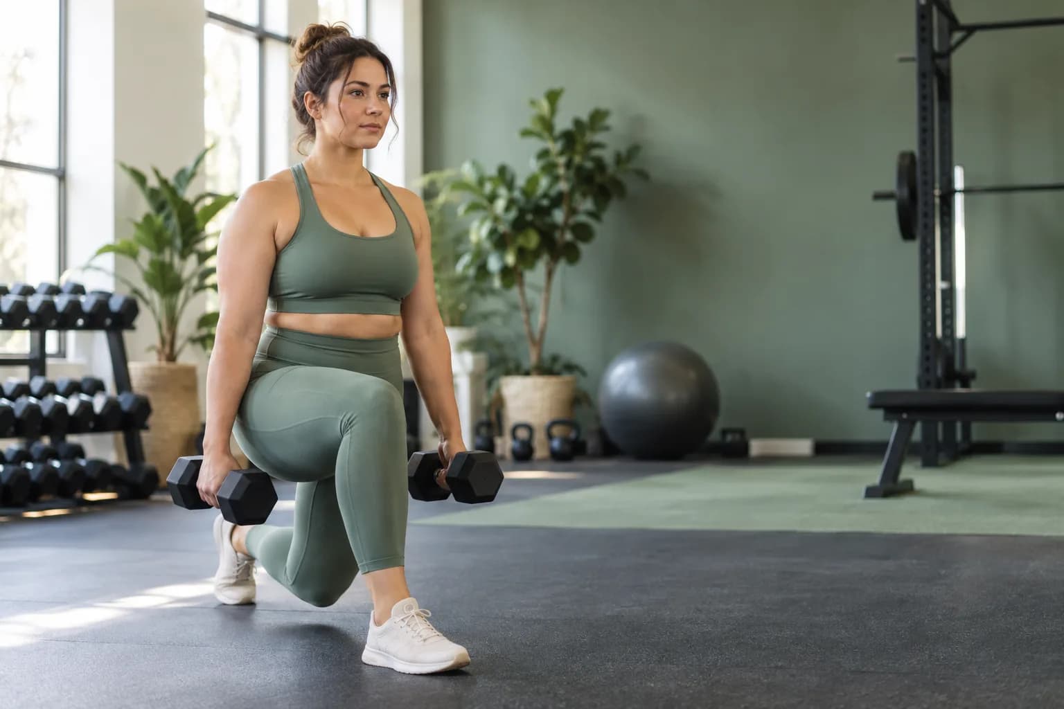 Woman strength training in a light-filled gym