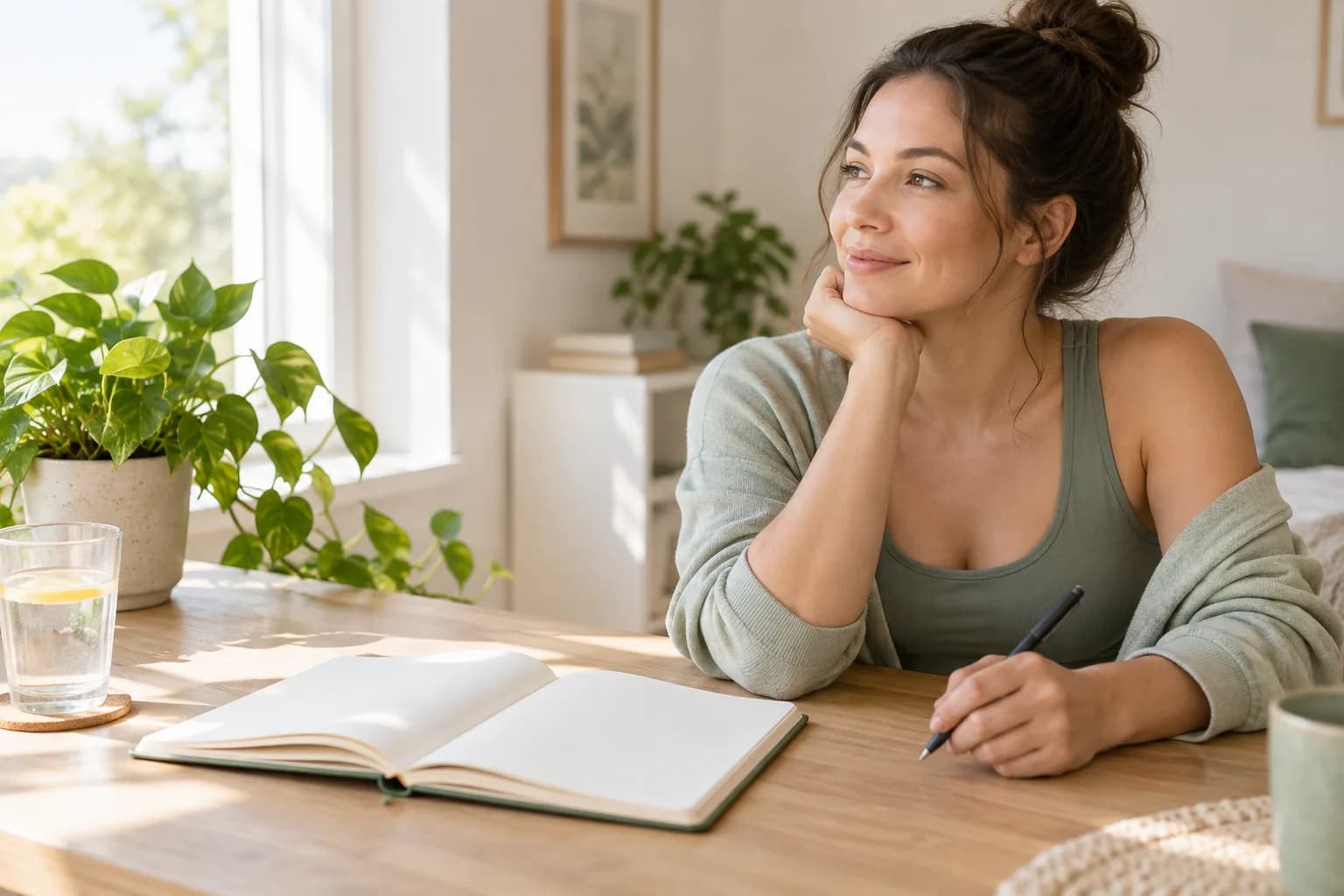 Woman reflecting over a blank wellness notebook at home