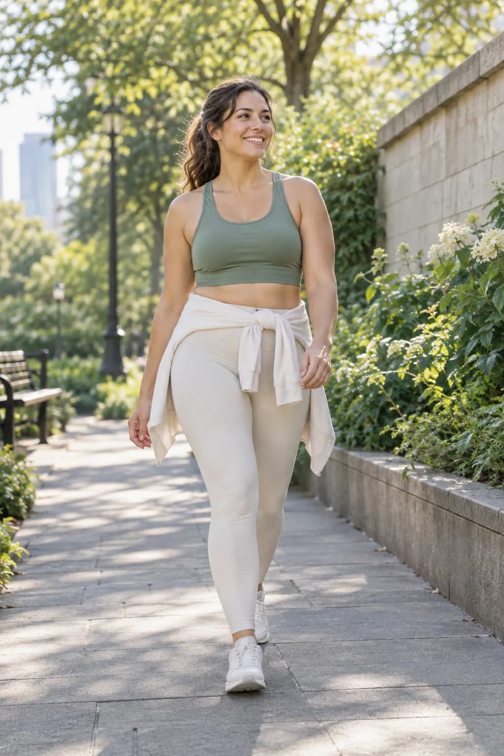 Woman taking a relaxed walk on a green city path