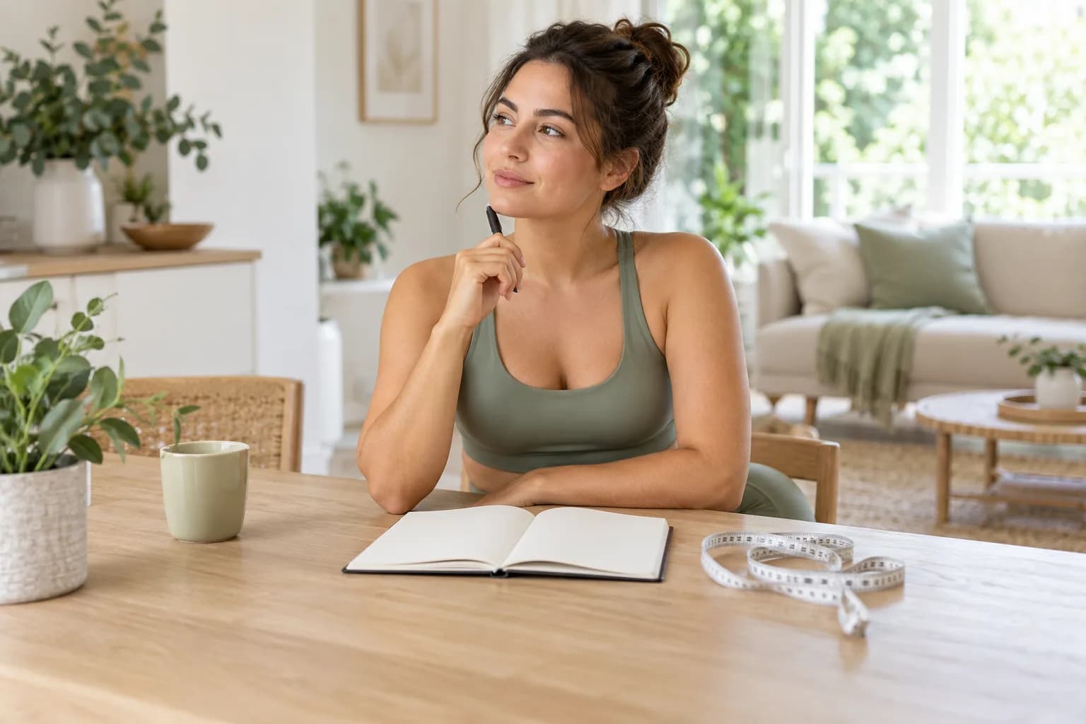 Woman reflecting over a blank notebook with a measuring tape beside it