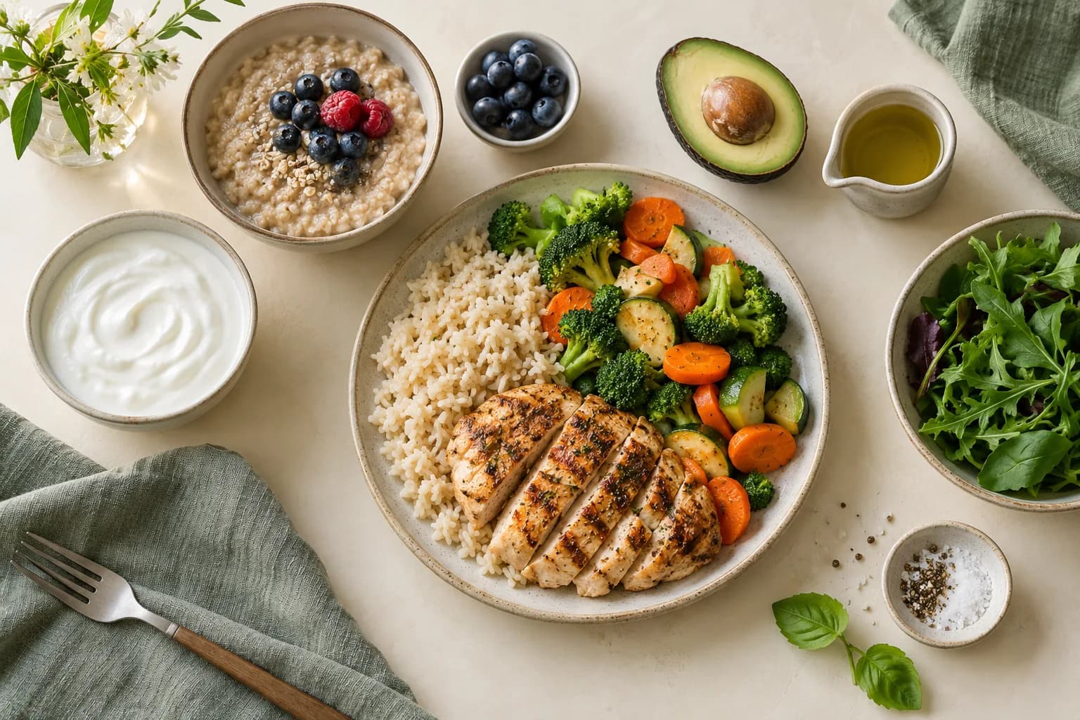 Chicken and rice, vegetables, oats, yogurt, avocado and olive oil on a table
