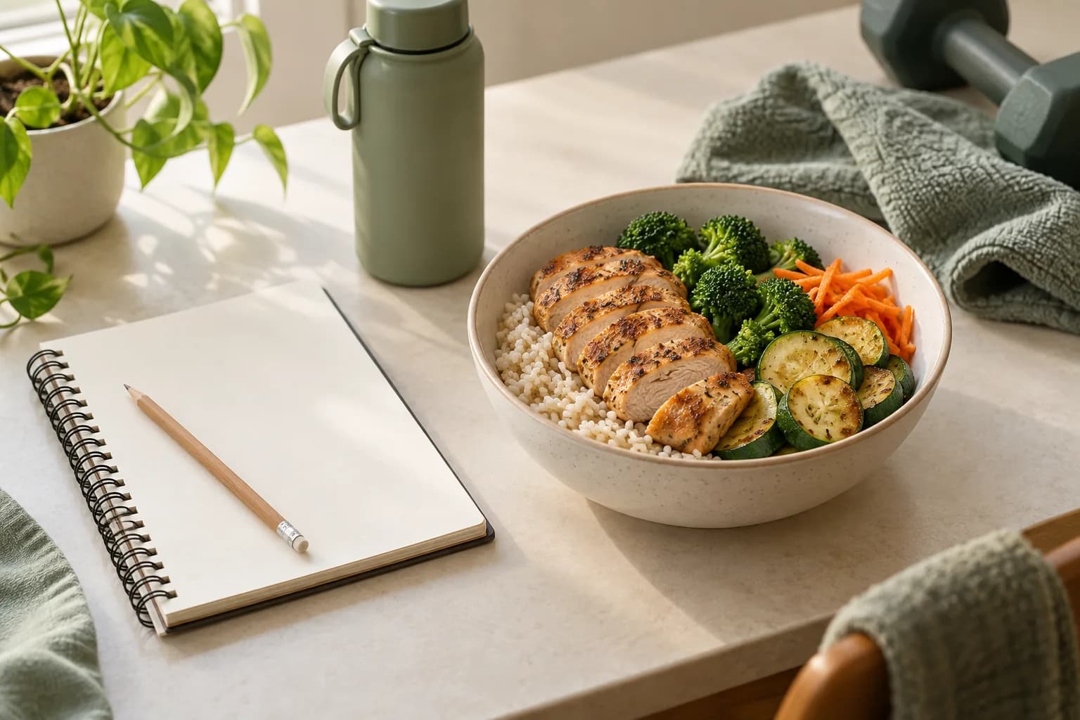 Chicken, rice and vegetables beside a blank planning notebook and water bottle