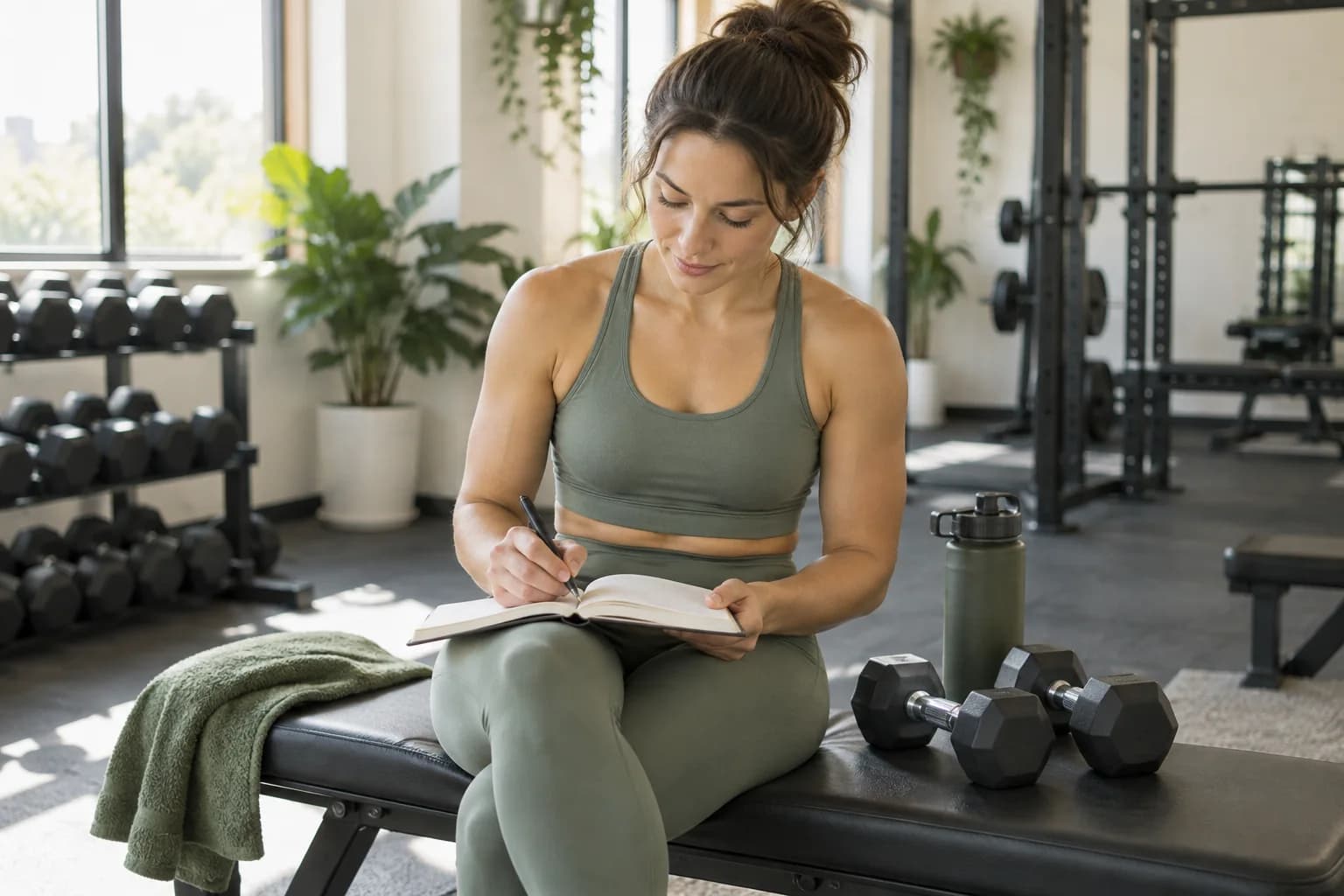 Woman recording her training in a notebook beside dumbbells on a gym bench