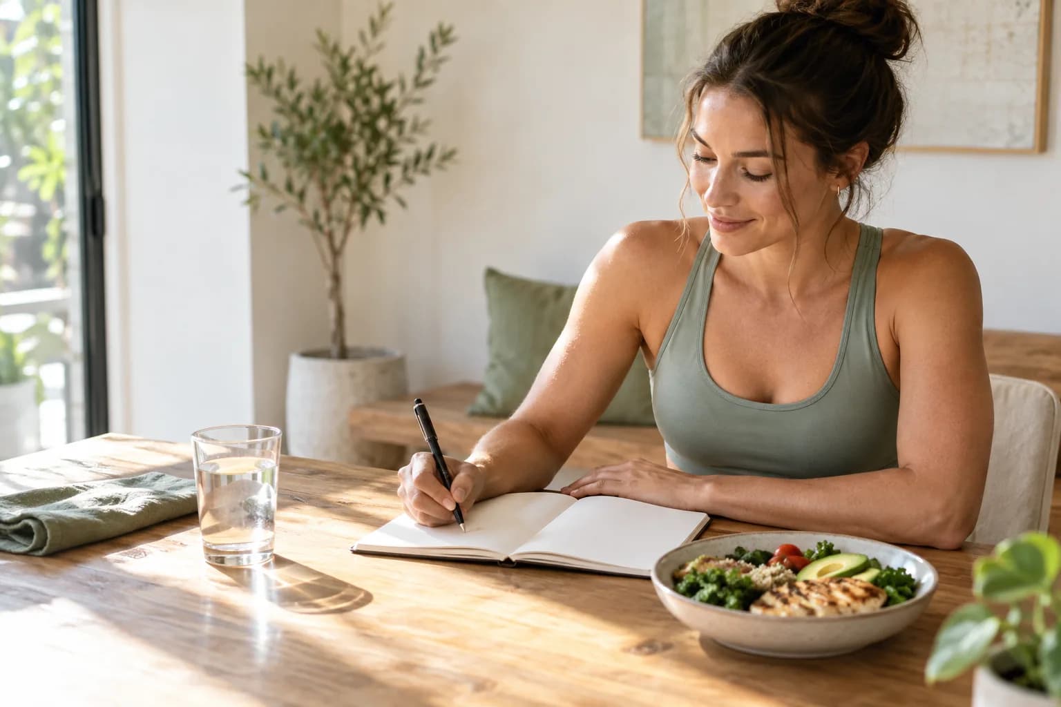 Woman planning meals in a notebook beside a balanced lunch