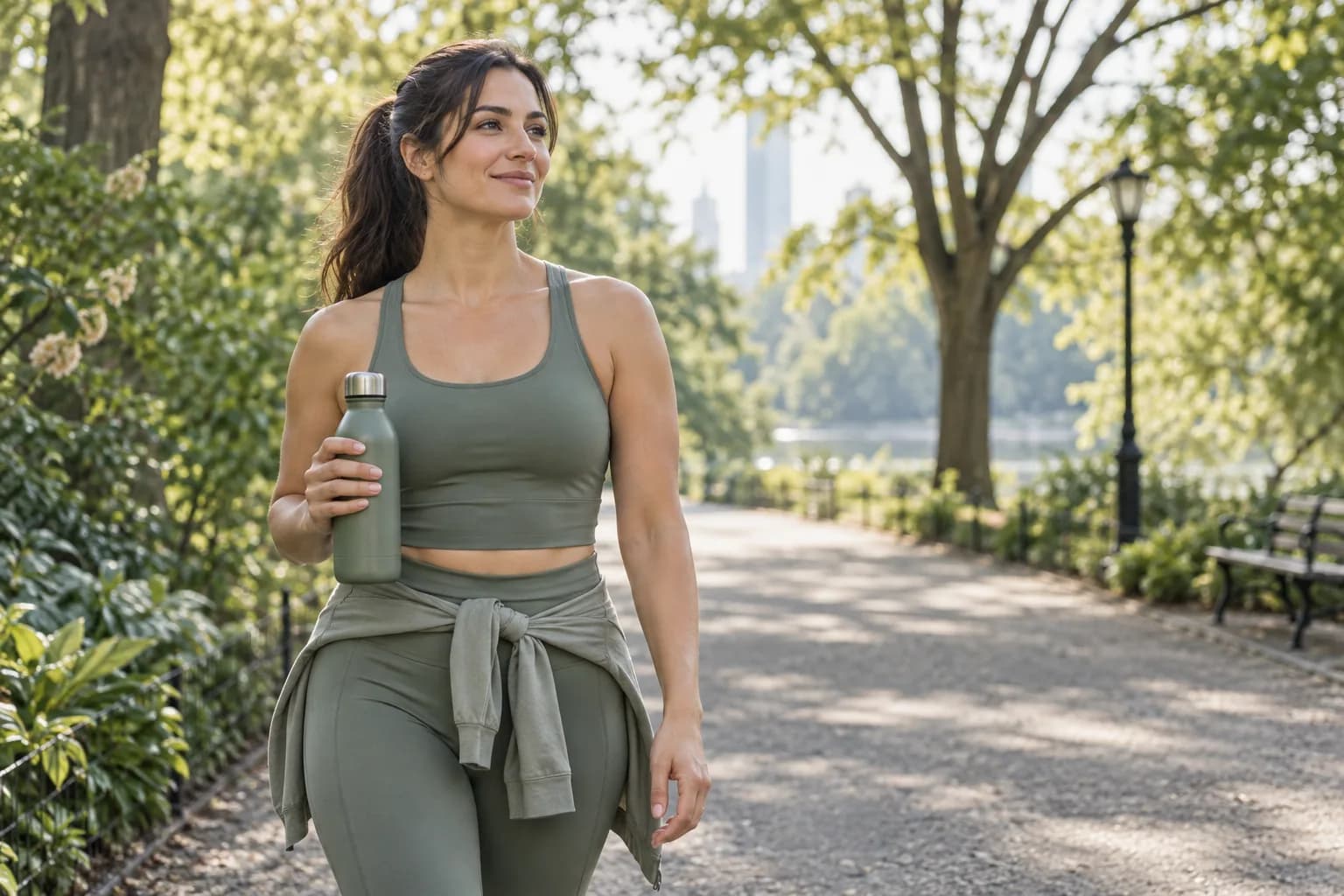 Woman finishing a relaxed walk on a tree-lined path