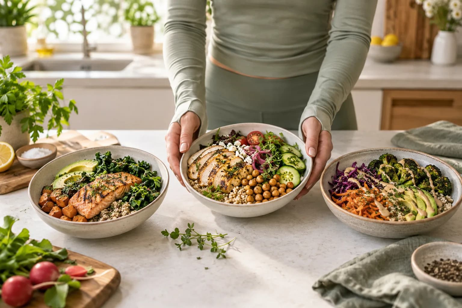 Three balanced meals being arranged on a kitchen counter