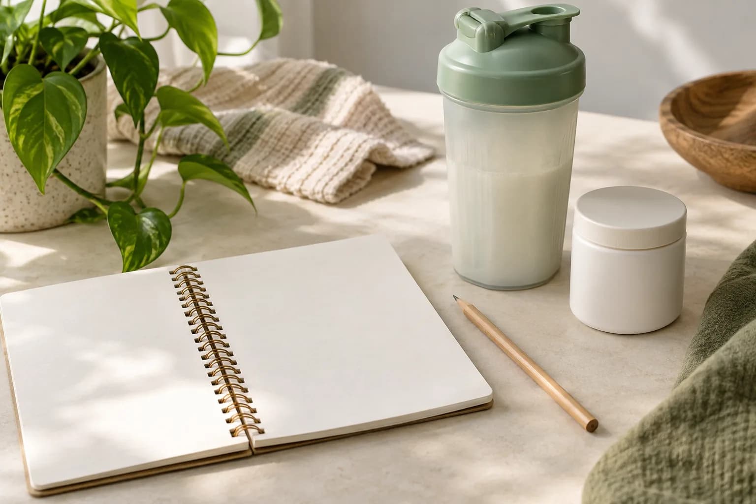 Blank notebook, pencil and shaker beside a closed supplement jar