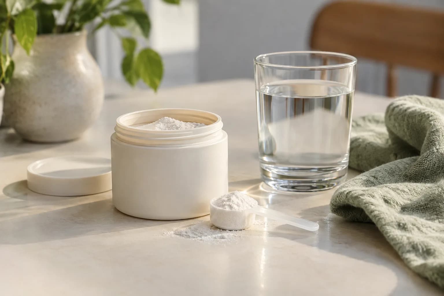 Unbranded supplement jar and scoop beside a glass of water