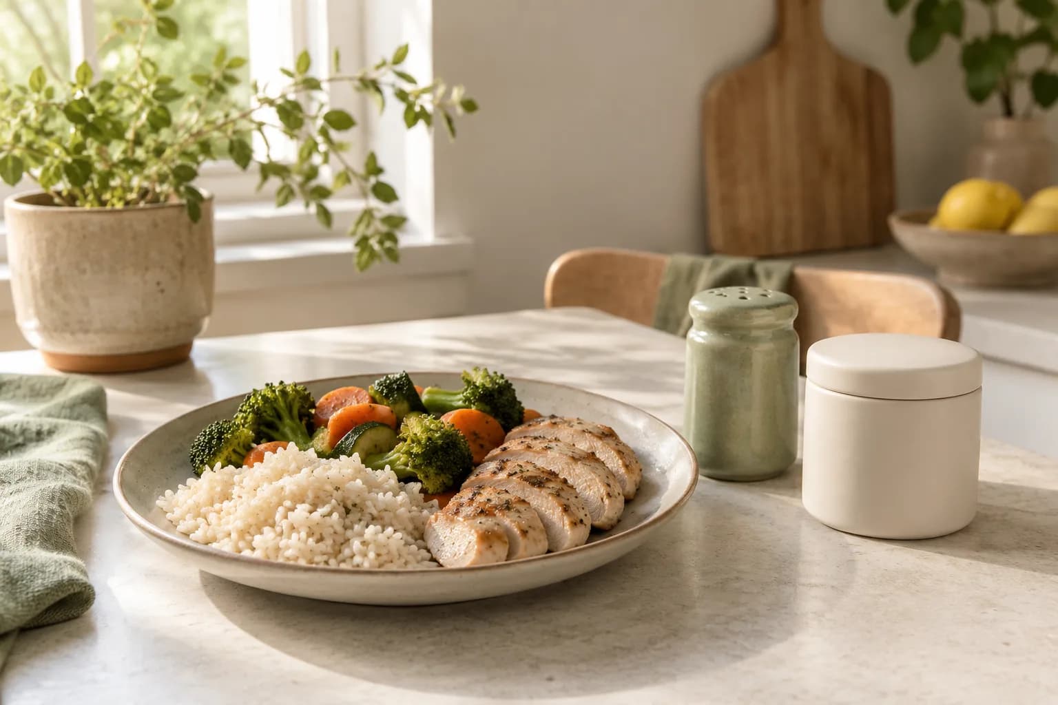 Everyday meal of chicken, rice and vegetables beside a supplement jar