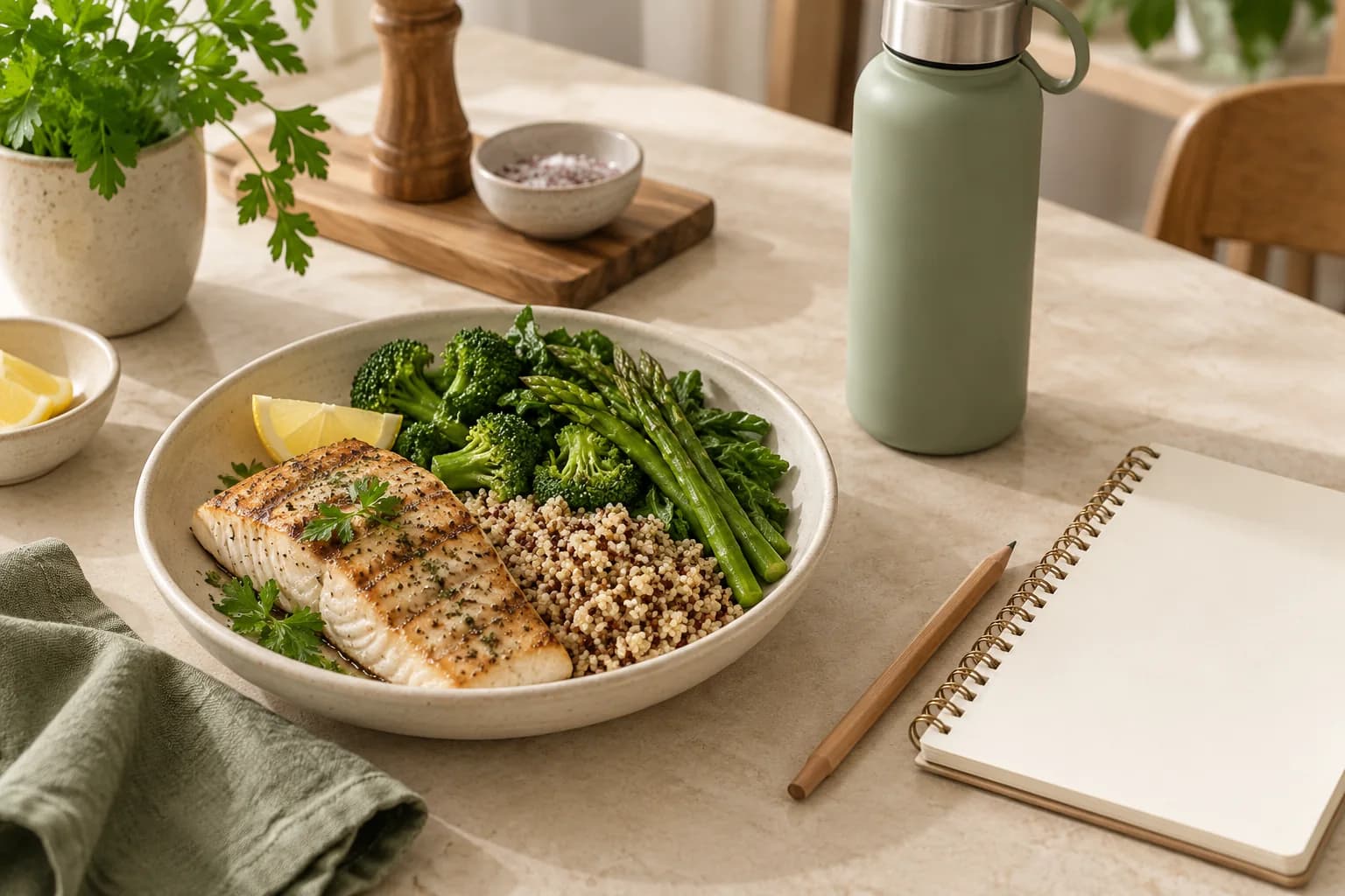 Fish, quinoa and vegetables beside a blank meal-planning notebook and water bottle