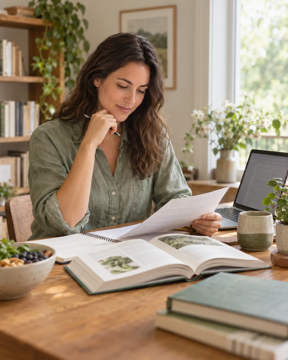 Woman thoughtfully reading nutrition notes beside an open reference book and laptop at a sunny desk