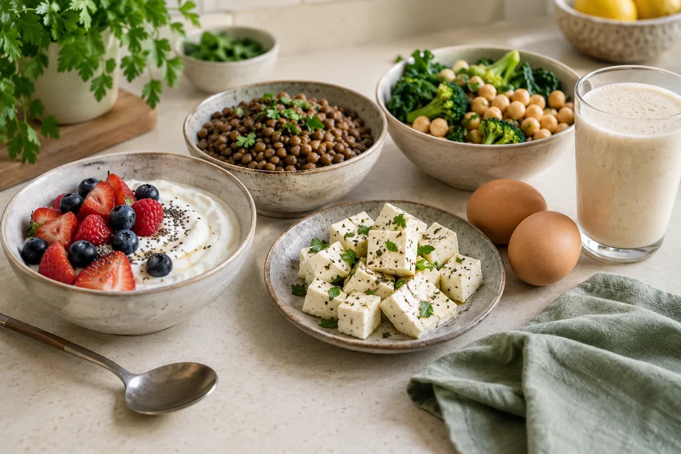 Yogurt, lentils, paneer, chickpeas, eggs and a protein shake arranged on a cream kitchen counter