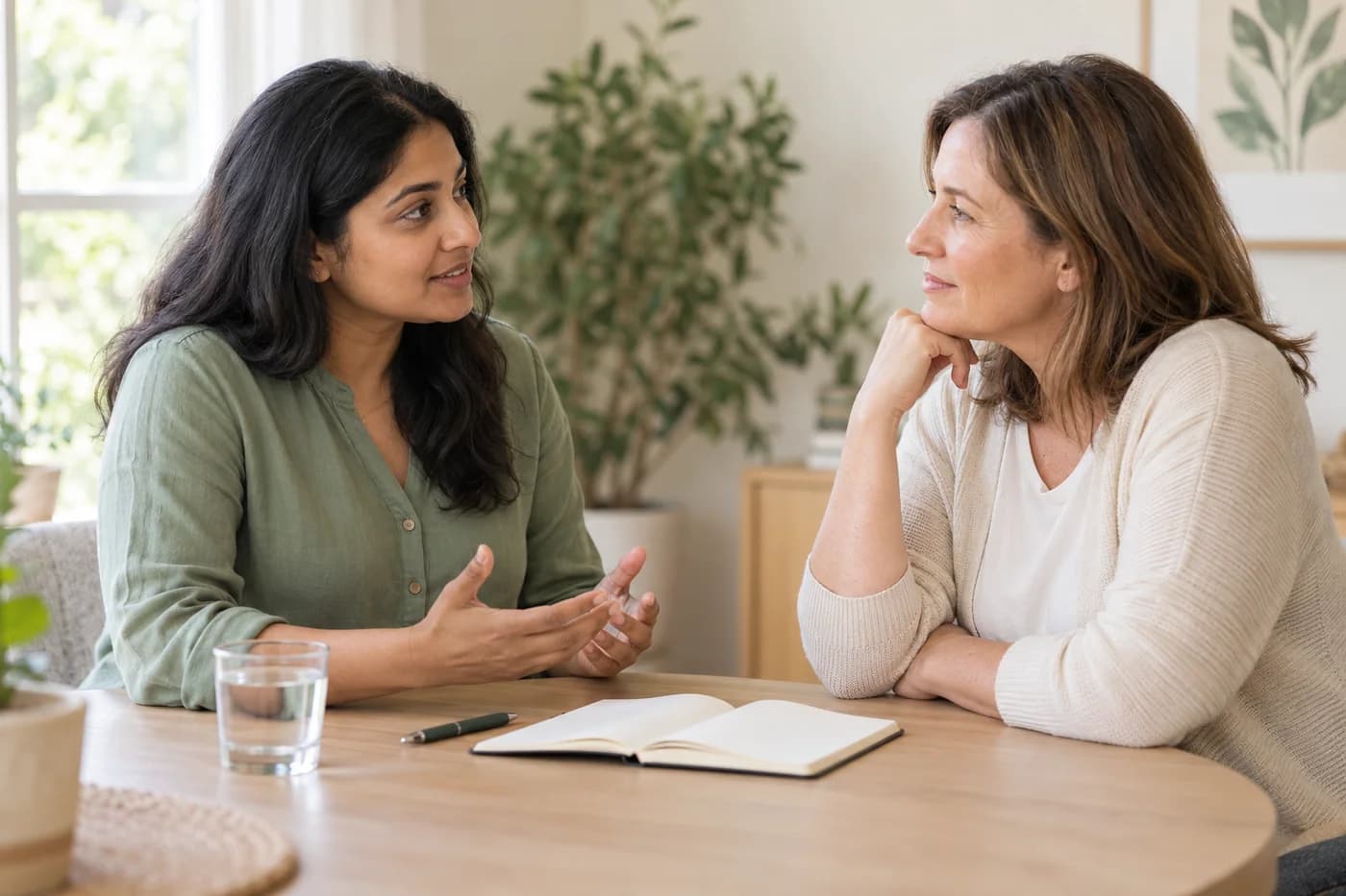 Two women having a thoughtful conversation over a notebook and glasses of water at a table