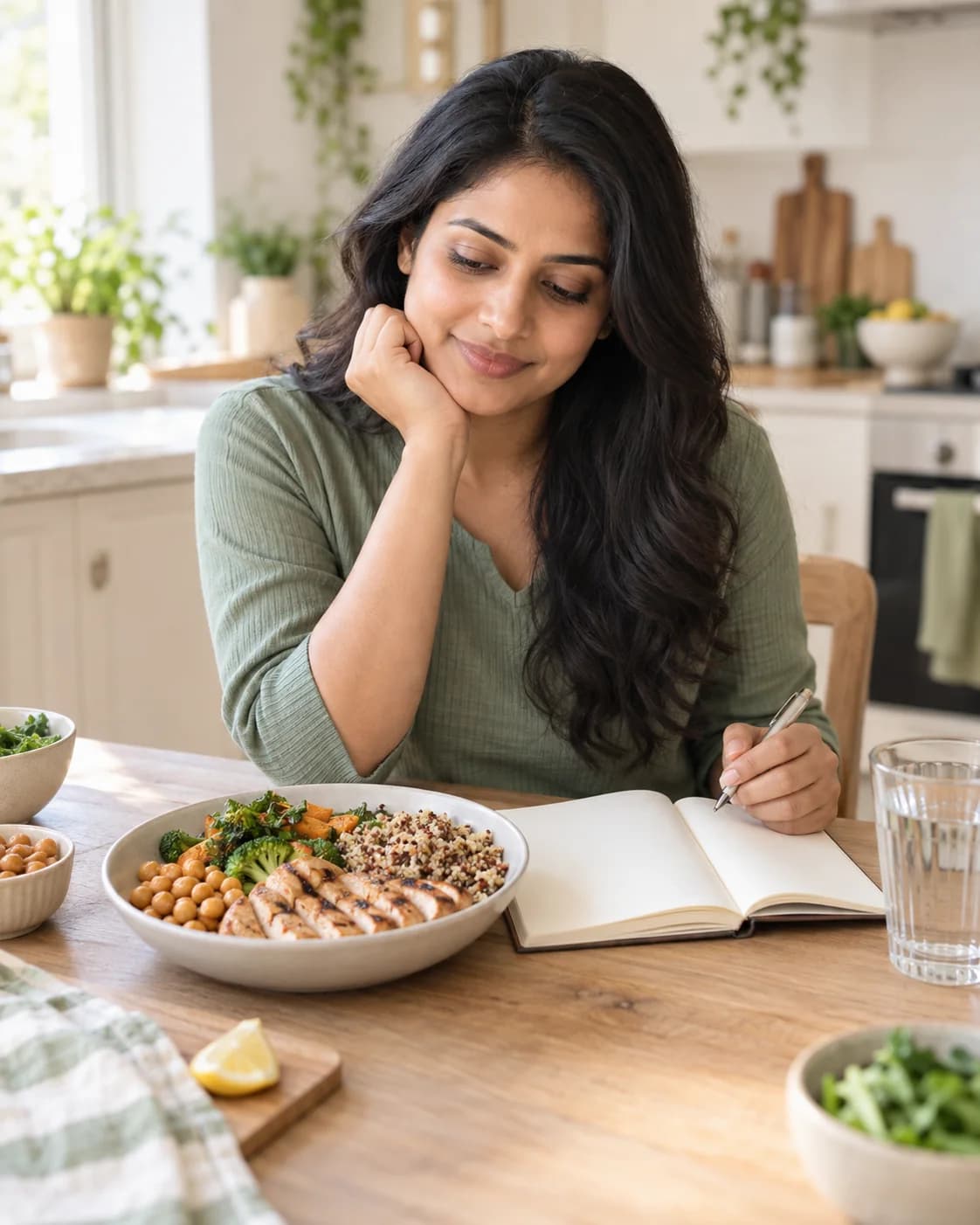 Woman looking through a notebook beside a chicken, chickpea and vegetable bowl in a bright kitchen