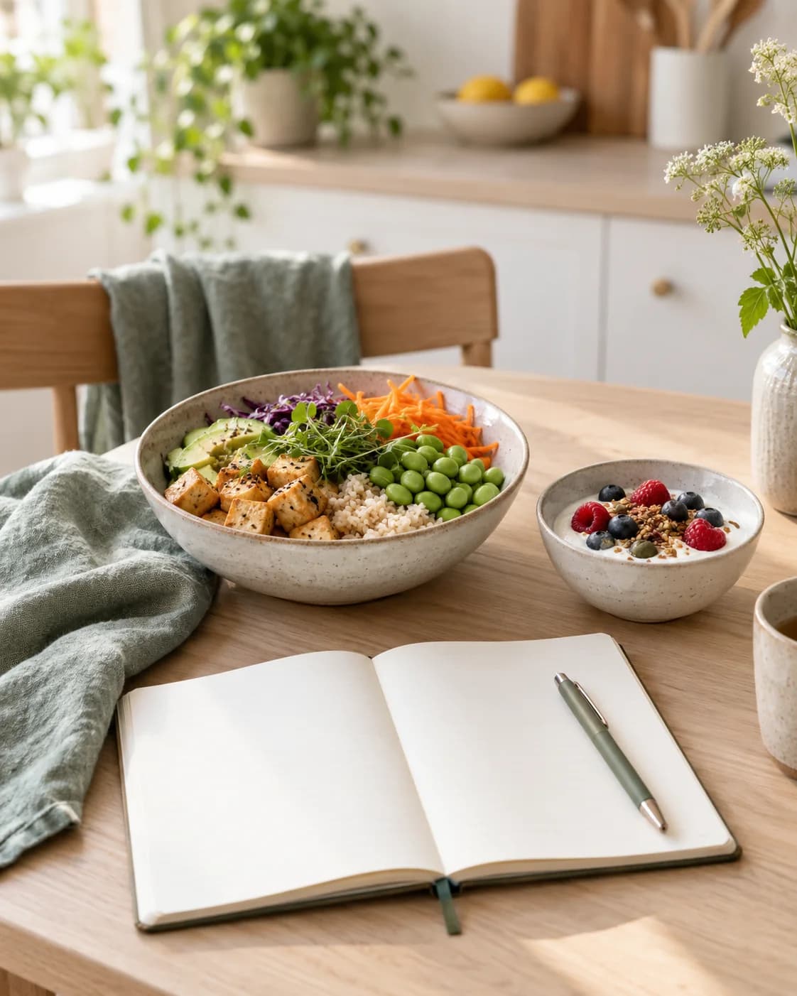 Tofu, rice and edamame bowl with yogurt, berries and a blank meal-planning notebook