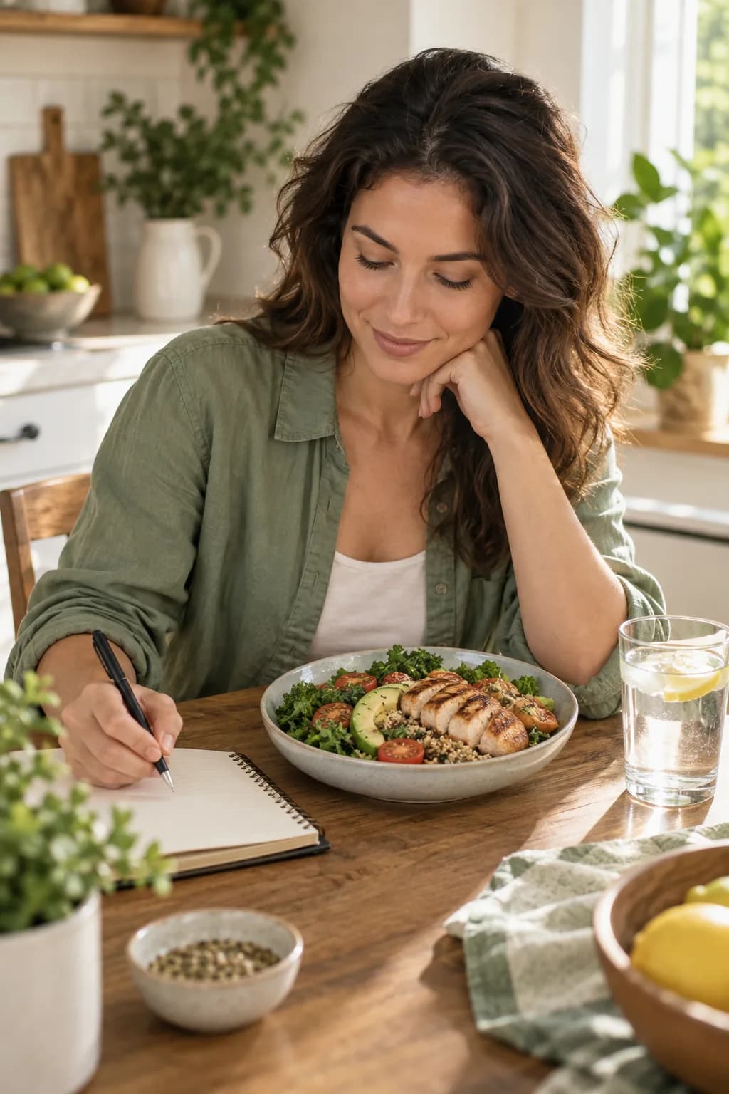 Woman planning an everyday meal routine beside a balanced lunch and notebook