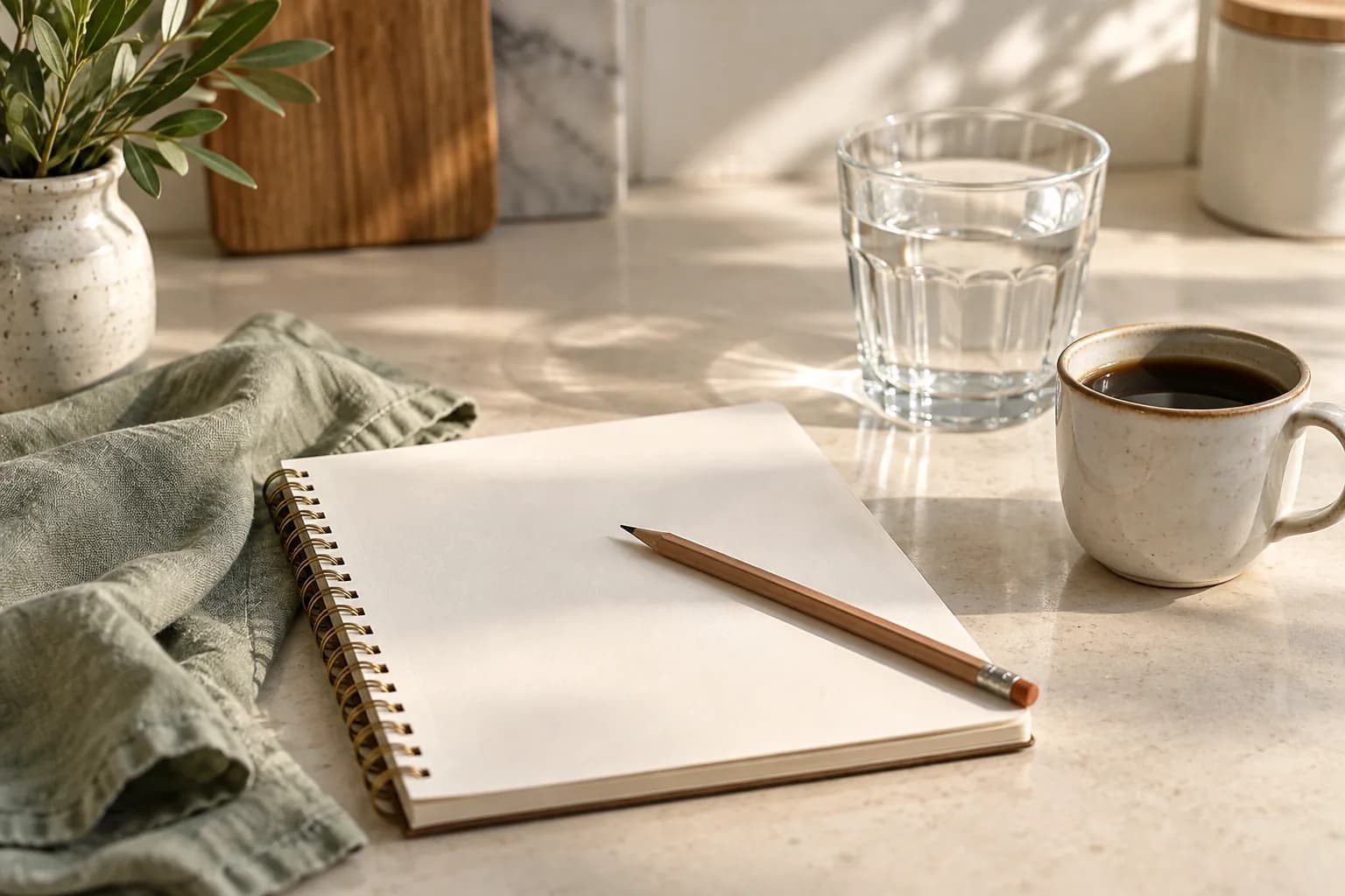 Blank notebook, water and black coffee arranged on a kitchen table