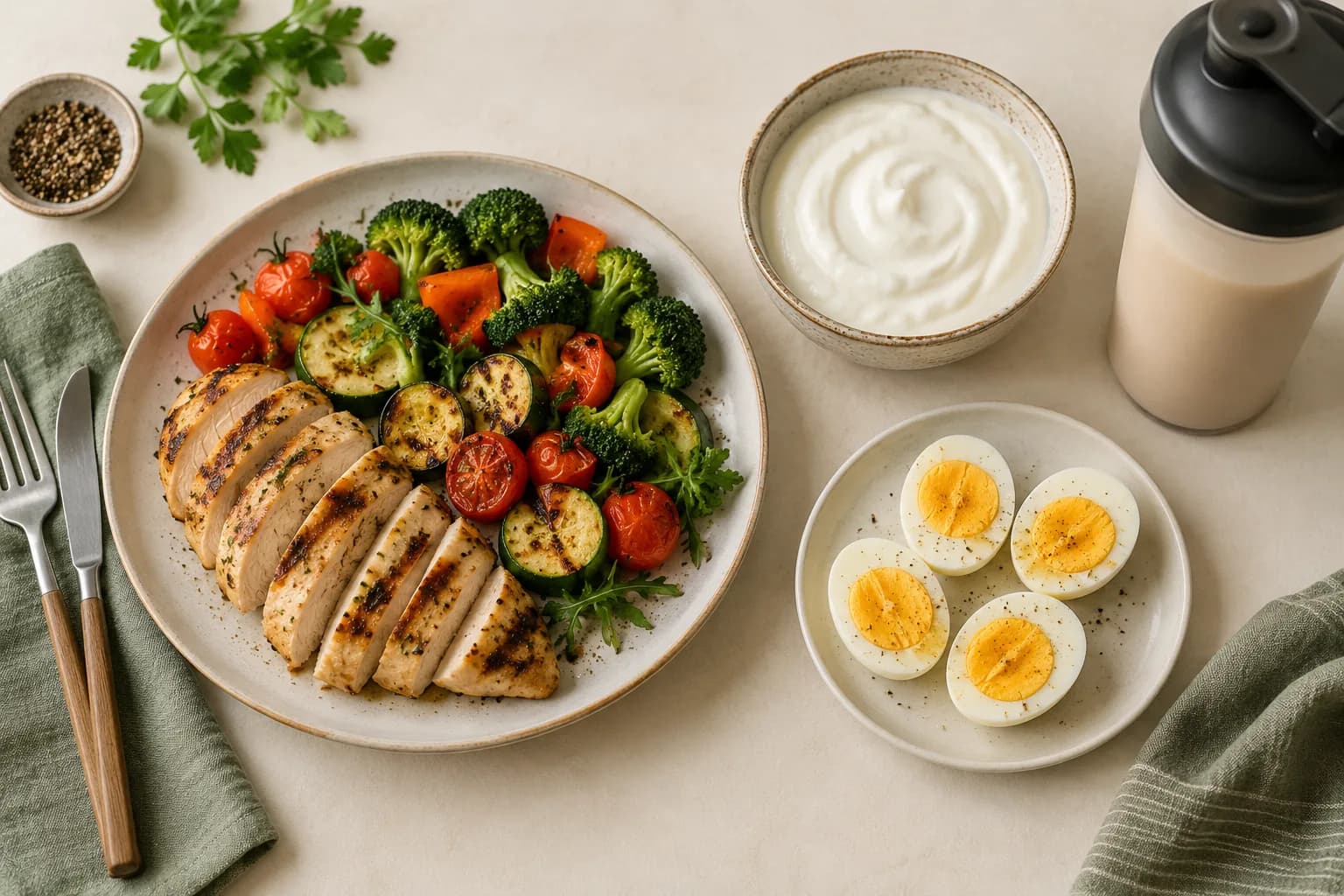 Grilled chicken, vegetables, yogurt, boiled eggs and an unbranded shaker