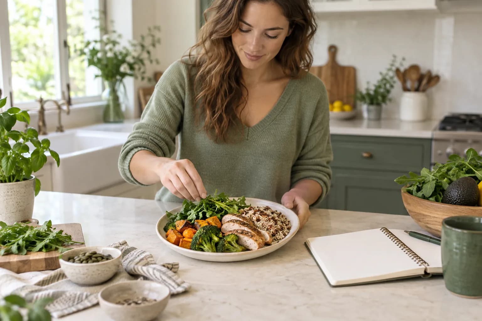 Woman arranging a balanced lunch beside a notebook in a home kitchen