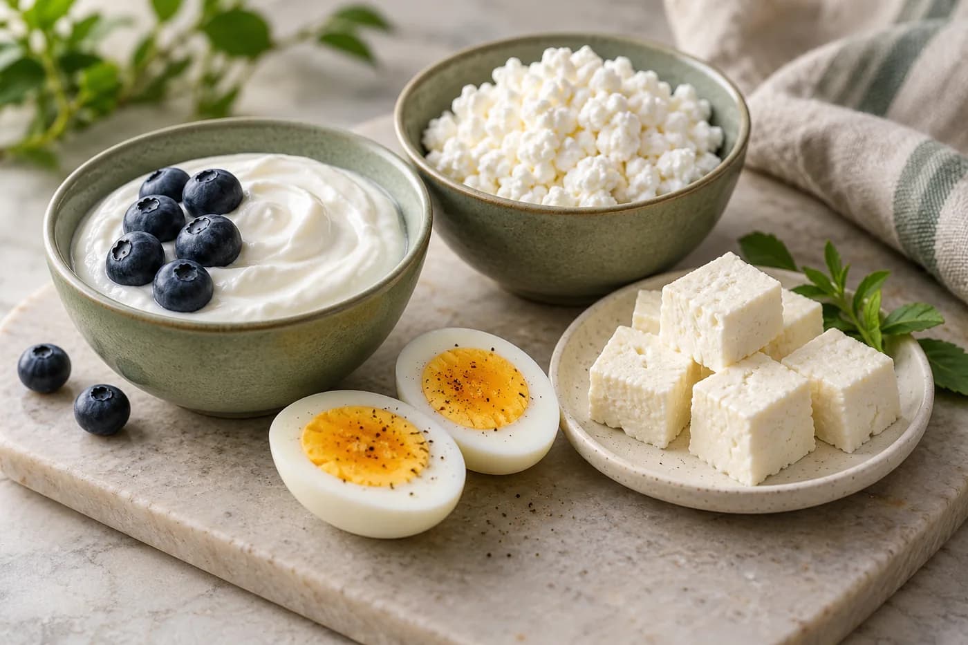 Greek yogurt, cottage cheese, boiled eggs and paneer in ceramic dishes