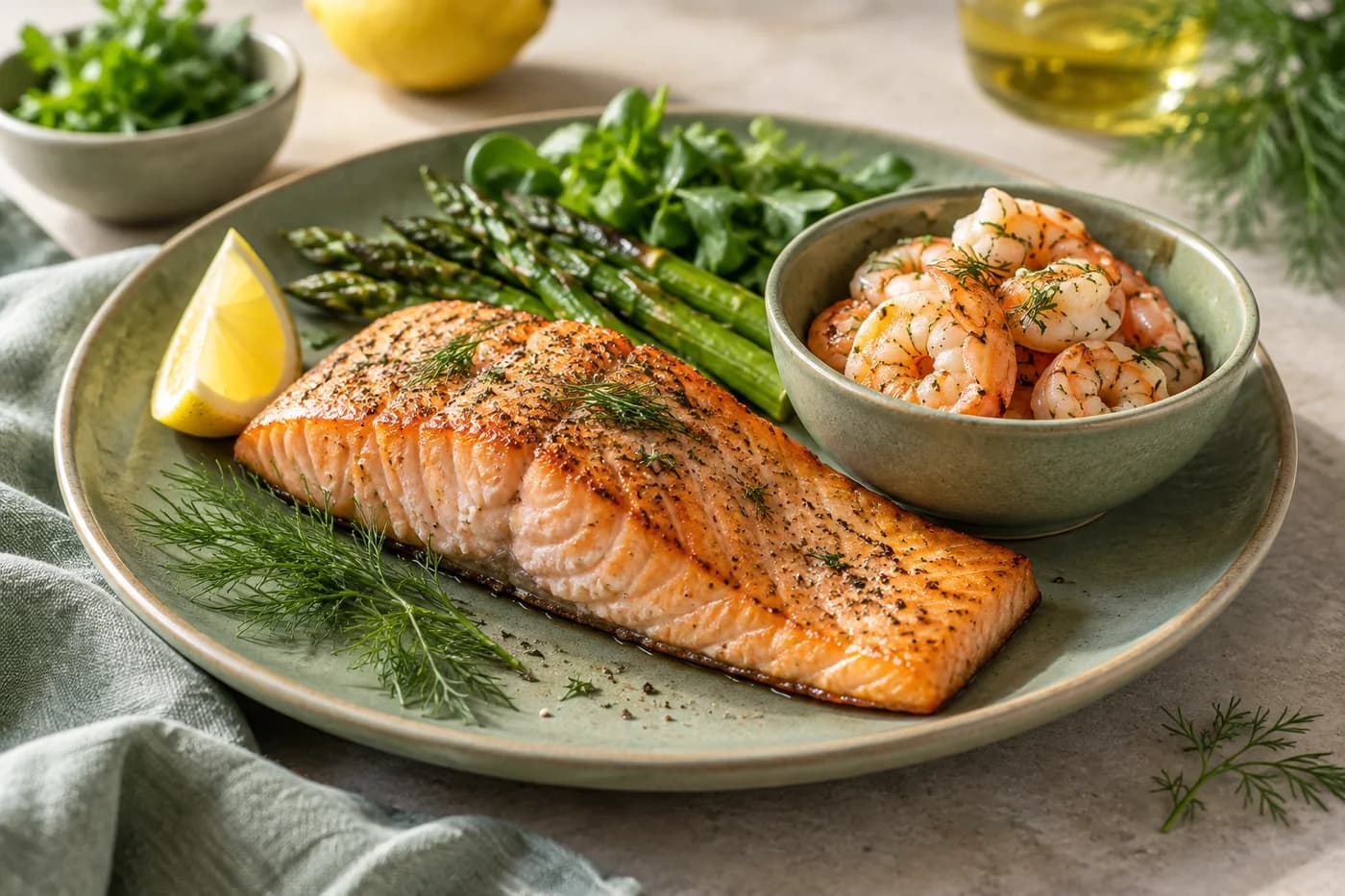 Cooked salmon and shrimp with lemon, dill and green vegetables