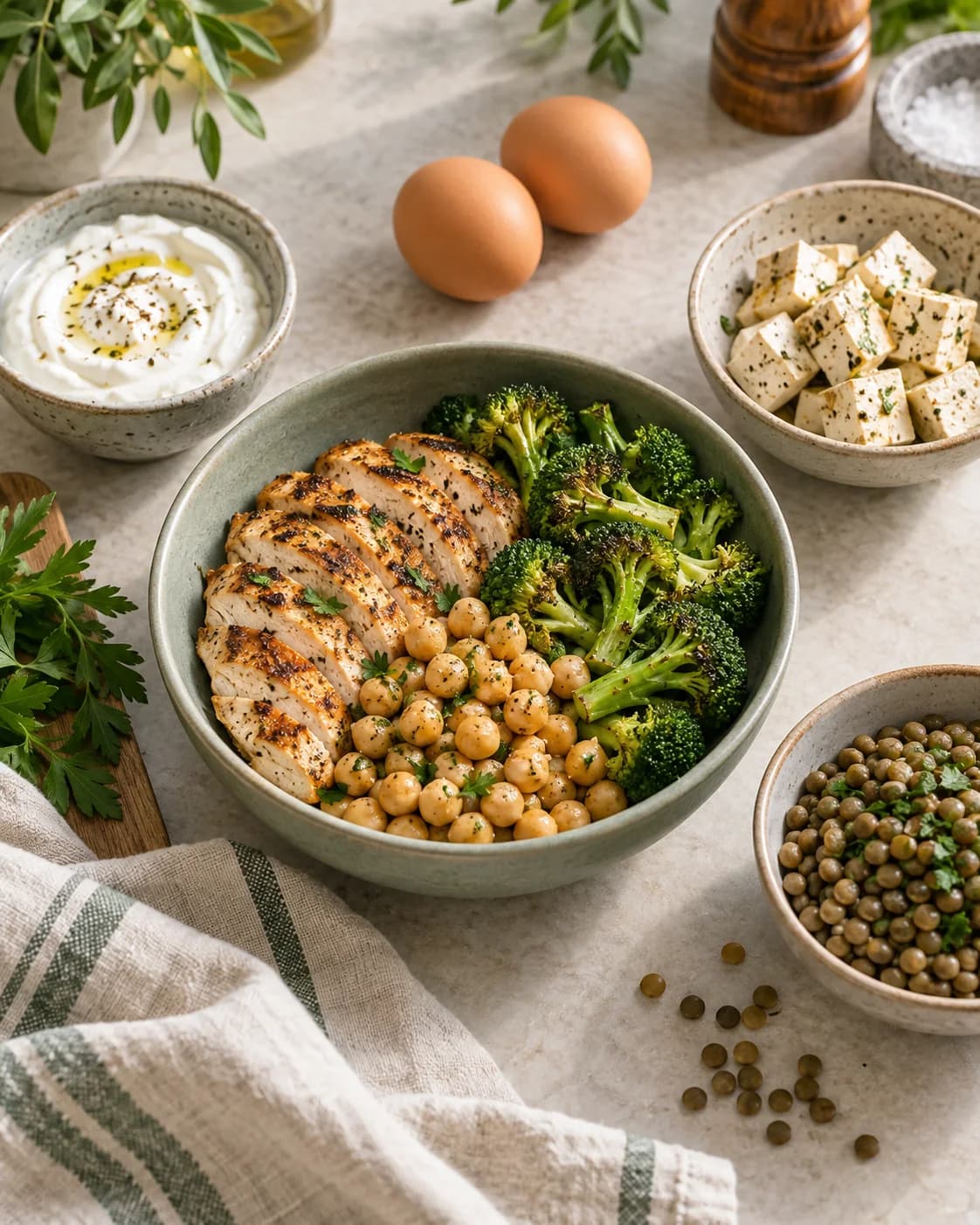 Chicken, chickpeas and broccoli with yogurt, eggs, tofu and lentils on a kitchen table