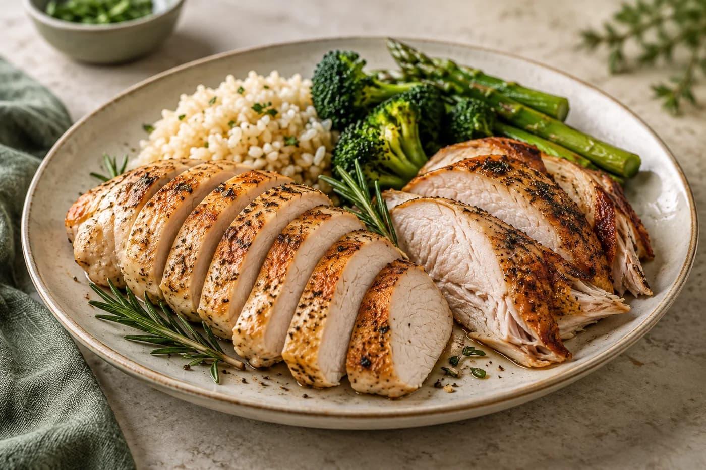 Cooked chicken and turkey slices with rice, herbs and green vegetables