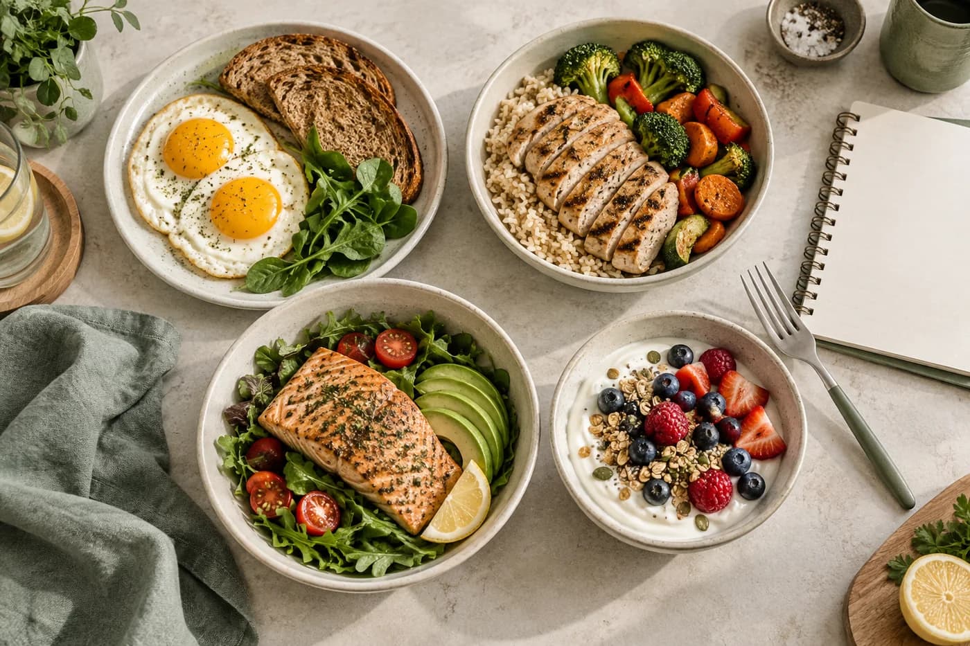 Eggs, chicken, salmon and yogurt arranged as four practical meals beside a blank notebook
