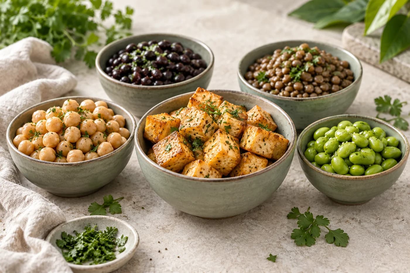Golden tofu, chickpeas, black beans, lentils and edamame in sage bowls