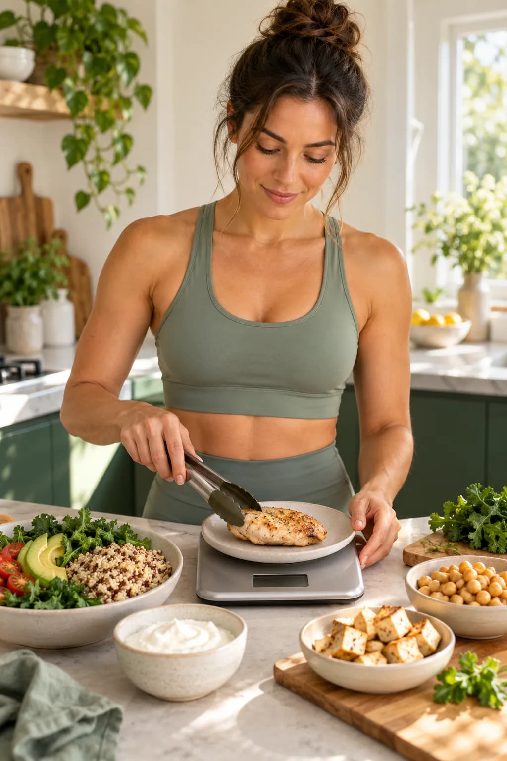 Woman in sage activewear measuring a cooked chicken portion with a kitchen scale beside protein foods