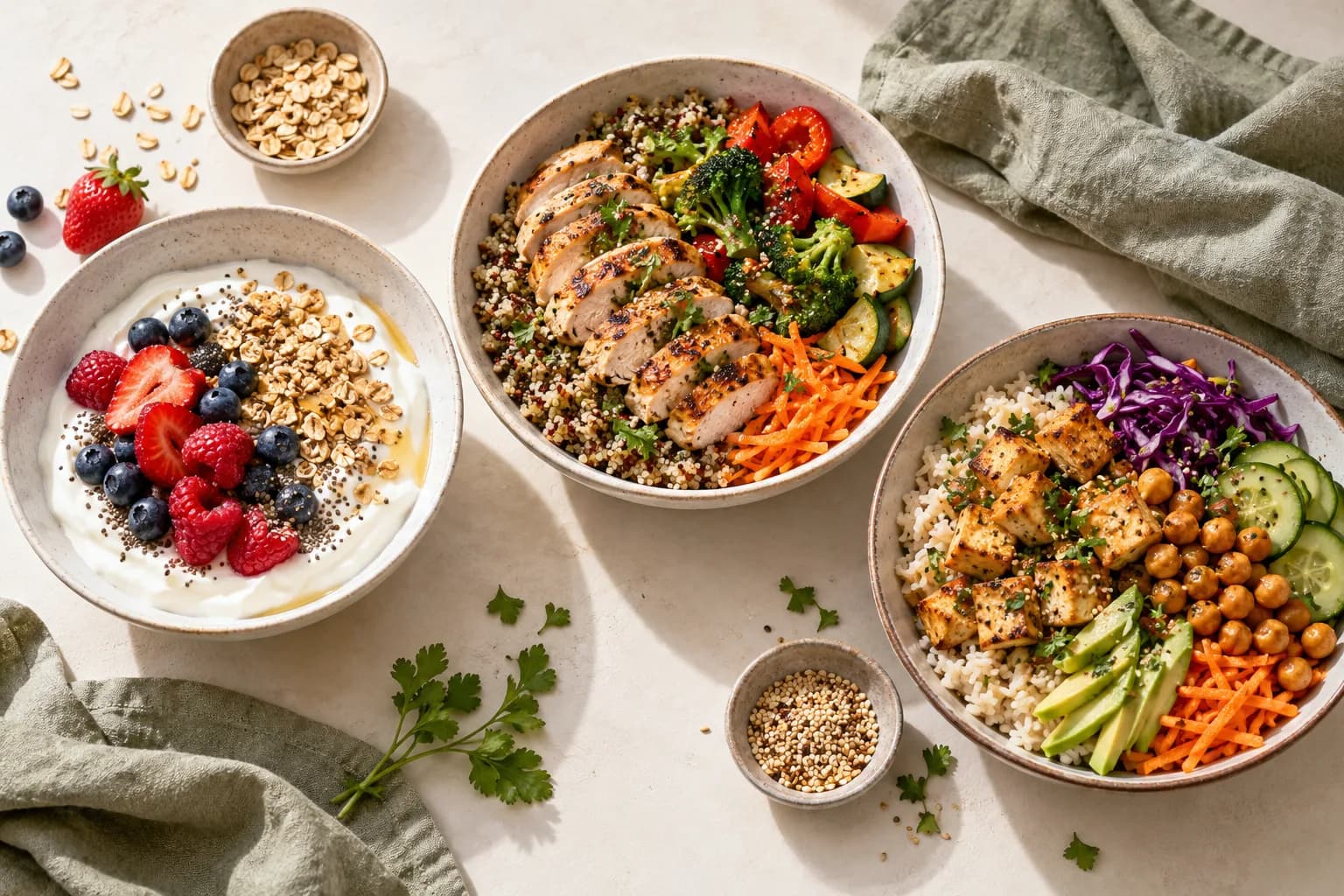 Protein meal examples with a yogurt breakfast bowl, chicken quinoa bowl and tofu chickpea rice bowl