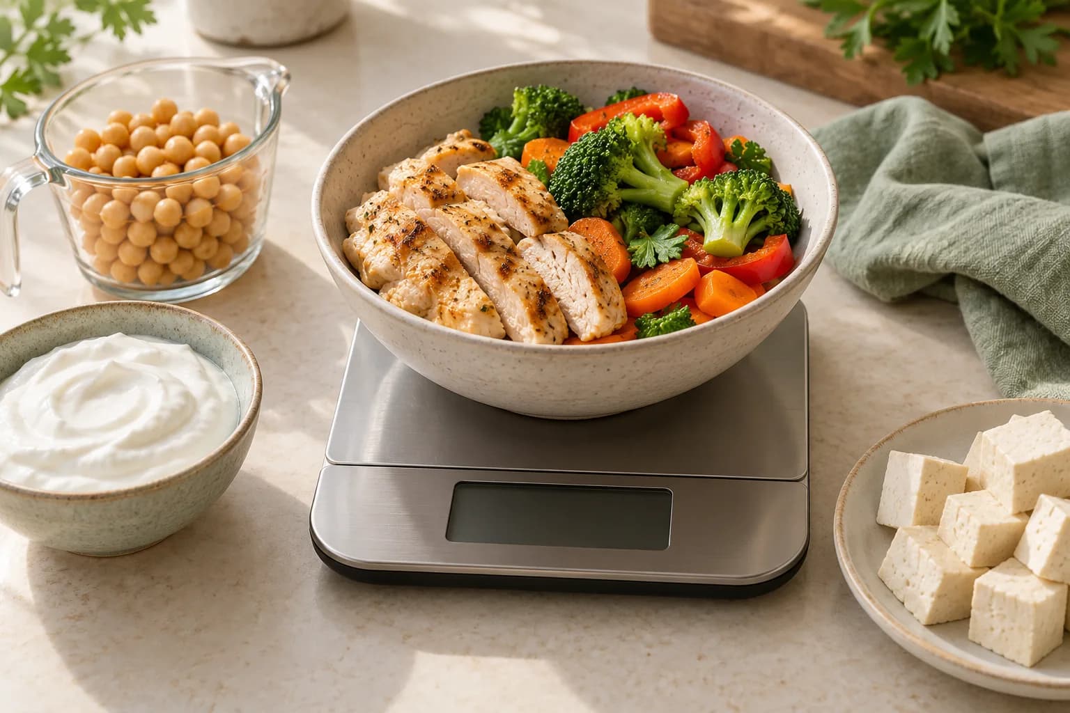 Illustrative protein foods with cooked chicken on a kitchen scale, chickpeas, yogurt and tofu