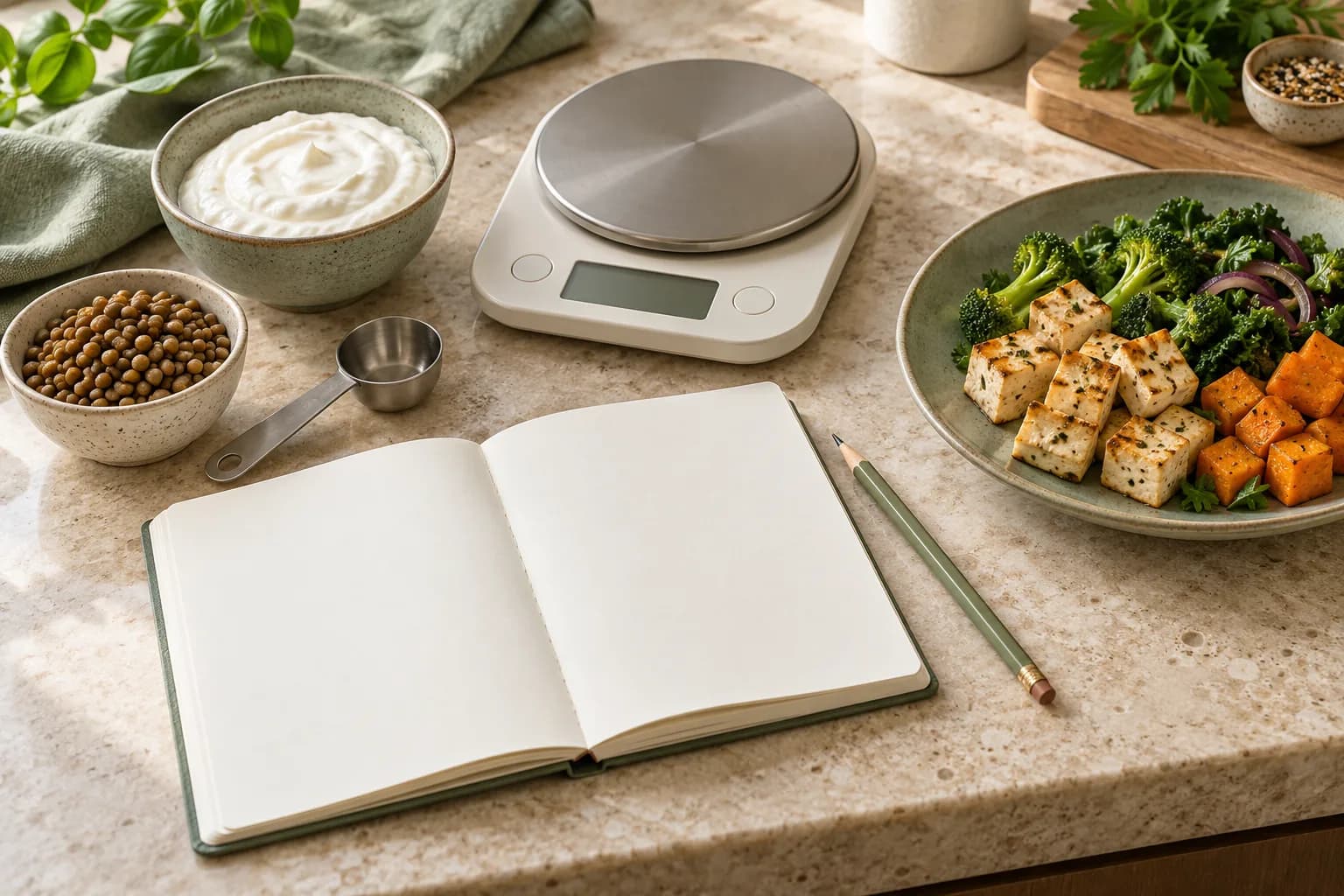 Blank notebook, kitchen scale and protein foods arranged for meal tracking