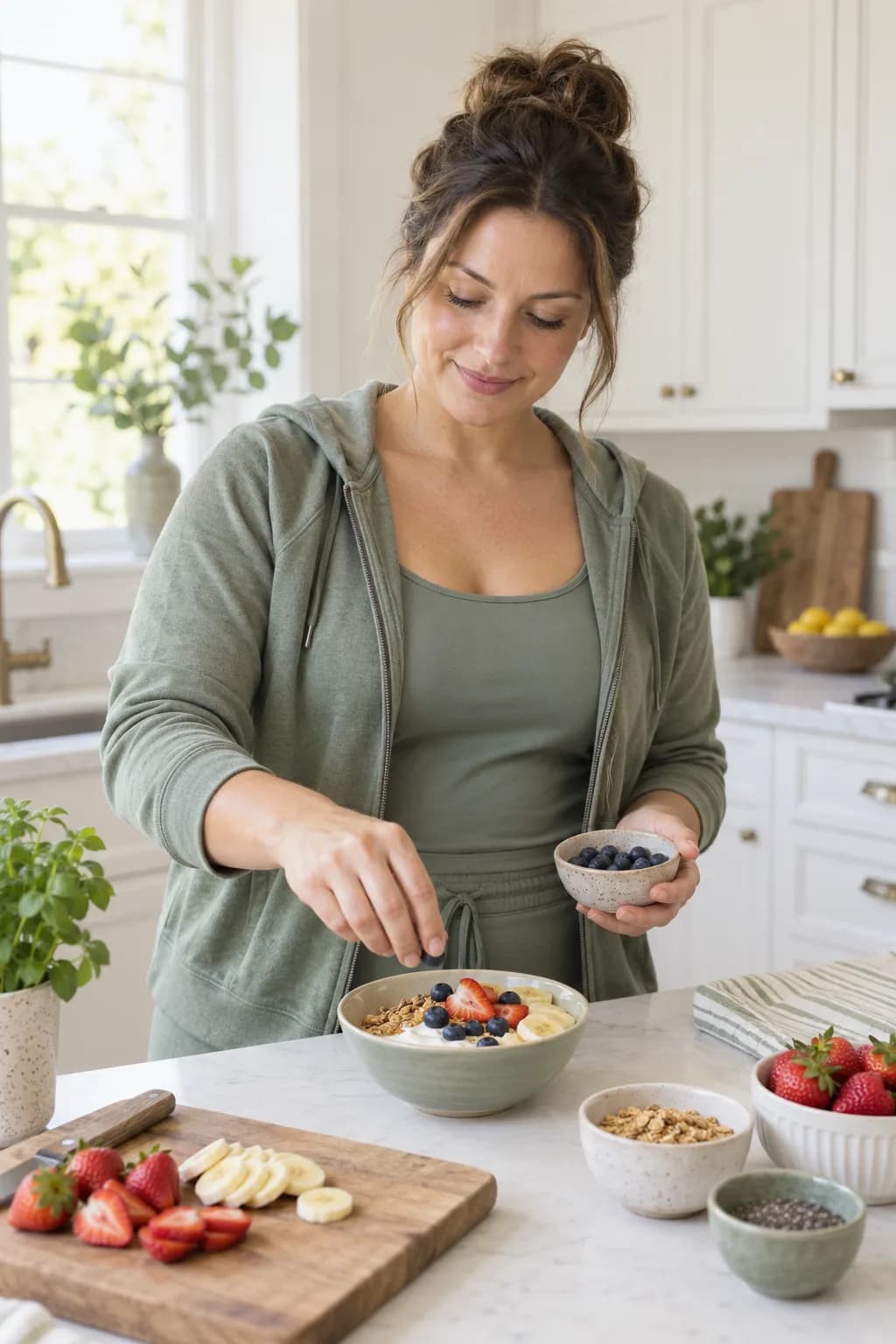 Woman preparing a modest yogurt and fruit bowl in a bright home kitchen