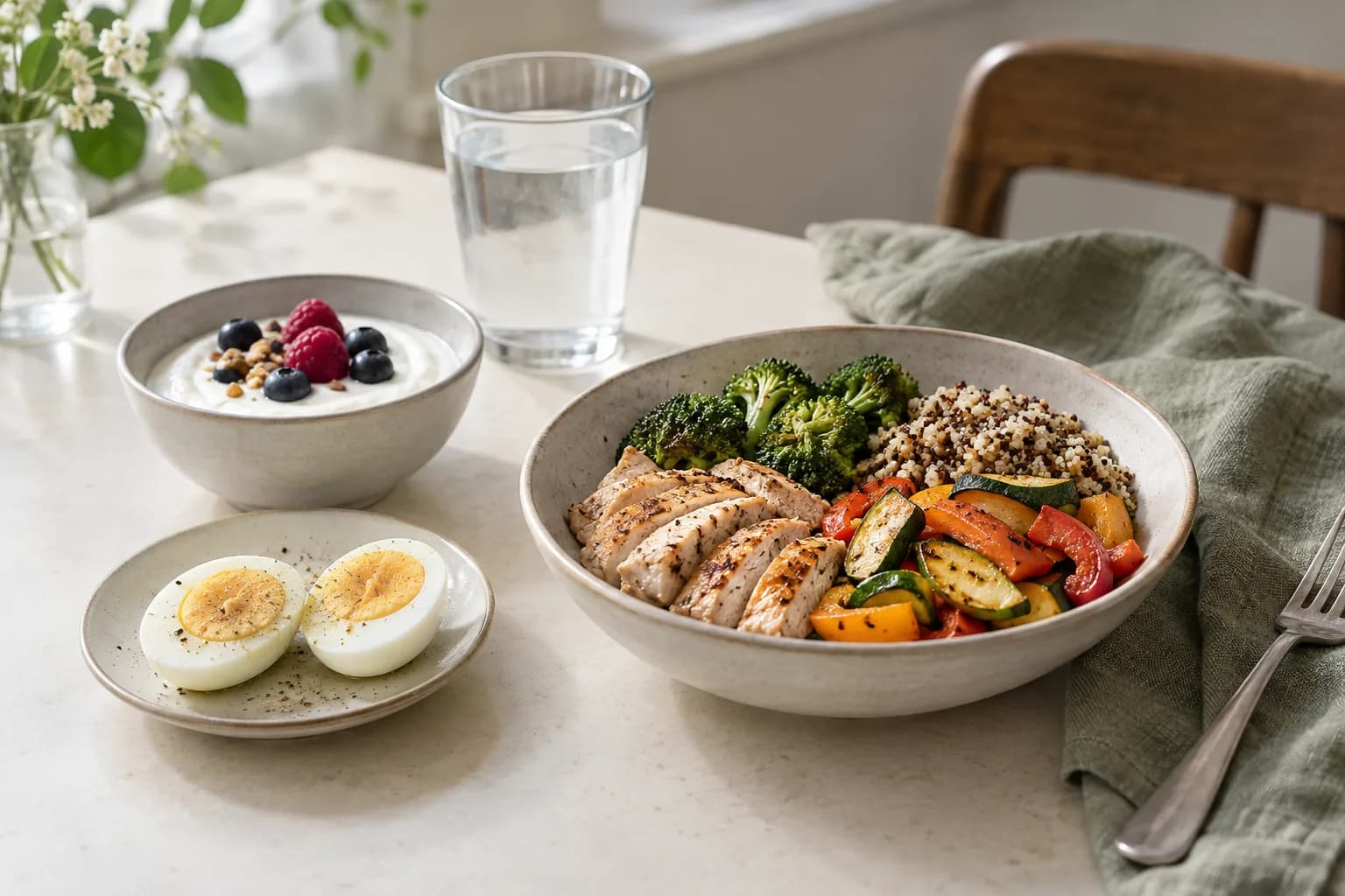 Small everyday servings of yogurt, eggs and chicken with vegetables