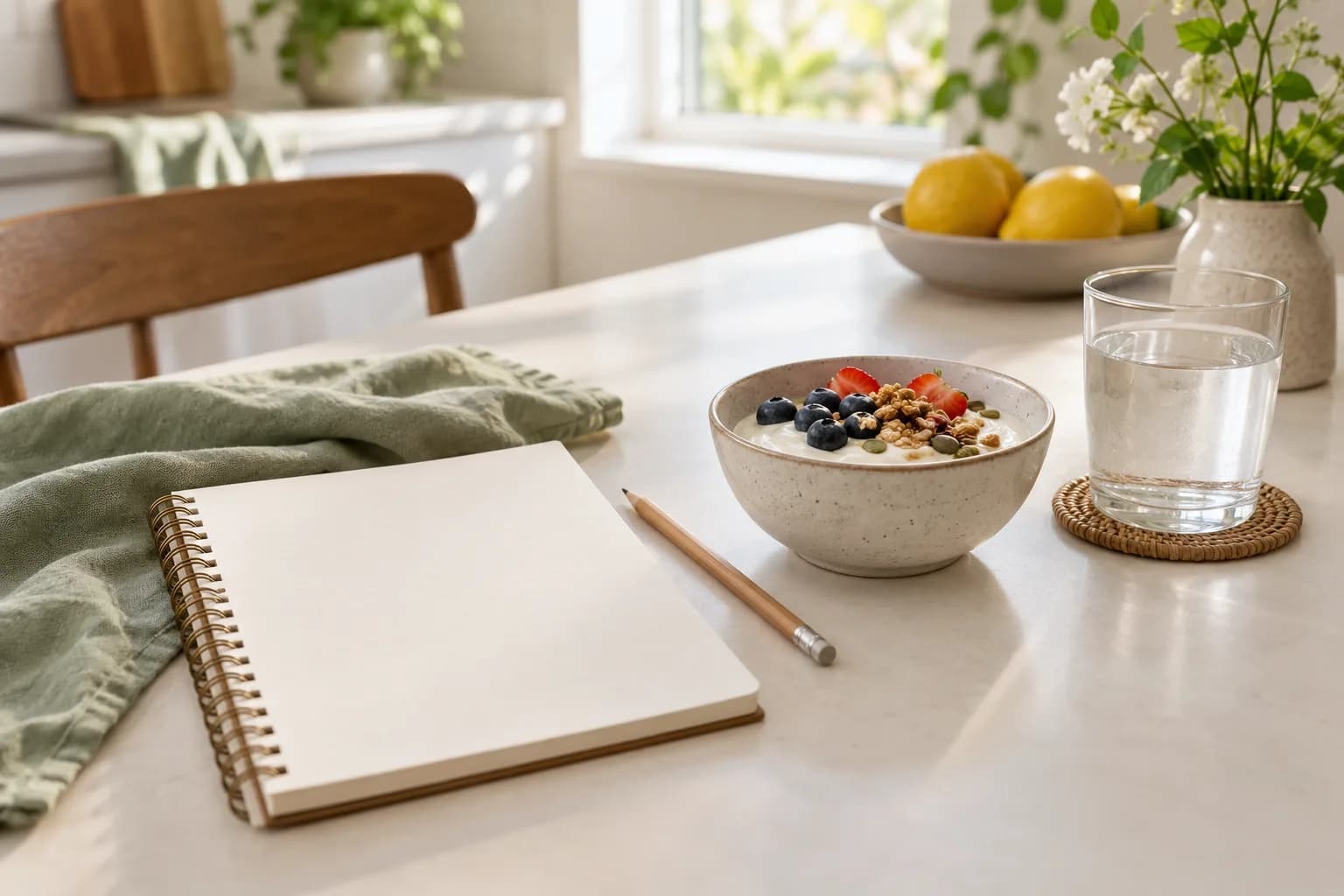 Blank notebook beside a yogurt bowl and glass of water