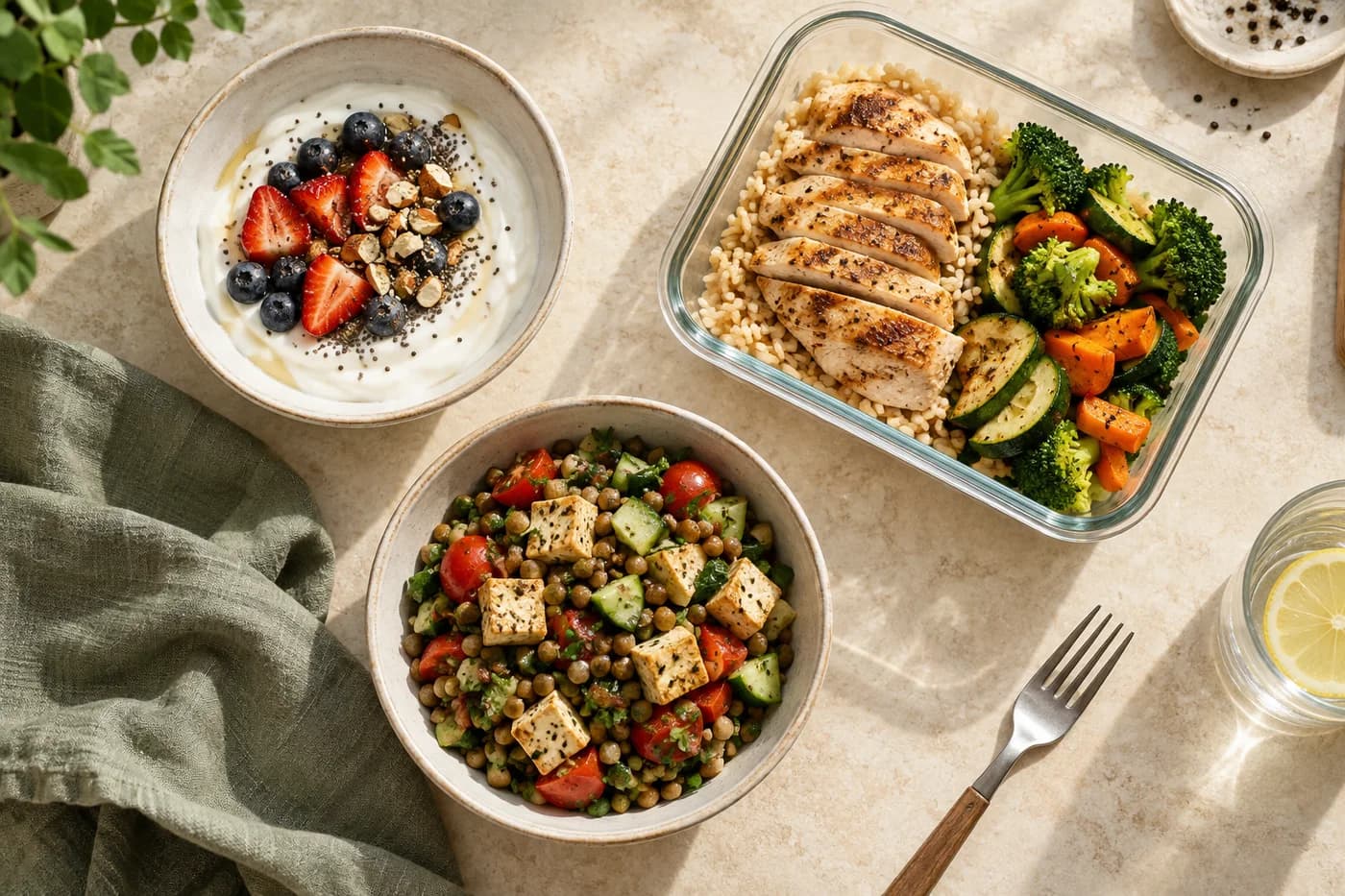 Yogurt with berries, a chicken rice meal and a tofu lentil salad