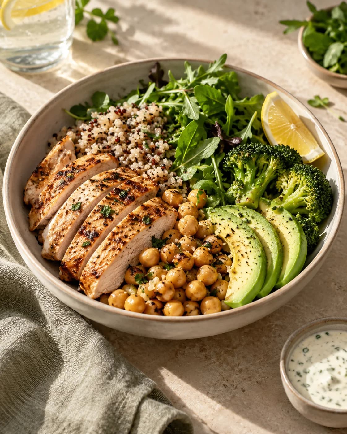 Grilled chicken, chickpeas, quinoa and fresh greens in a ceramic bowl