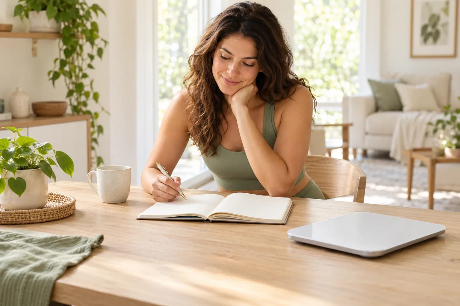 Woman reflecting over a blank notebook with a bathroom scale nearby